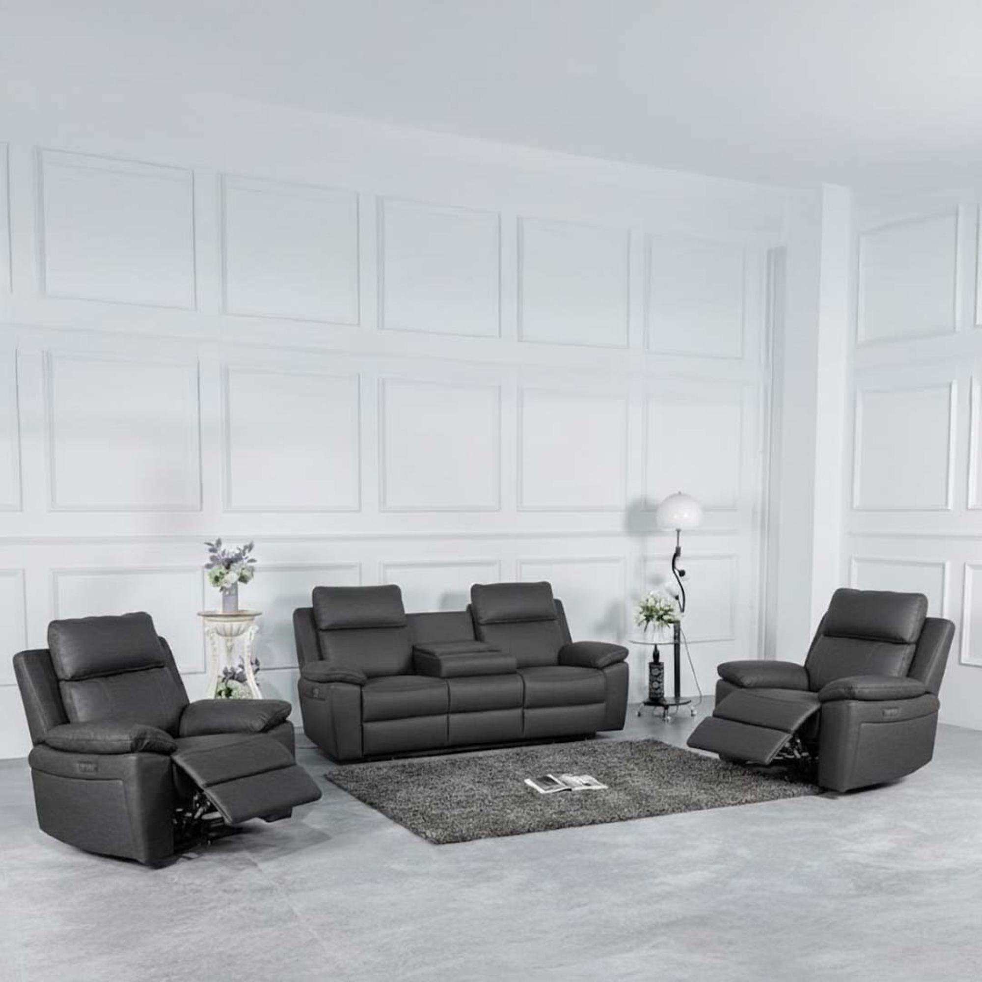Huntington Electric Recliner Sofa Suite - 3+1+1 Seater - Dark Grey Leather Look Fabric