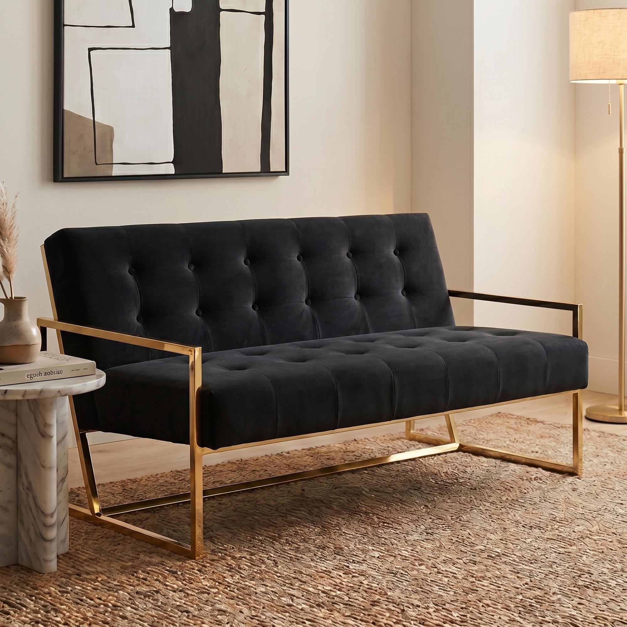 Azalea Sofa - 2 Seater - Black Velvet Fabric with Gold Metal Frame