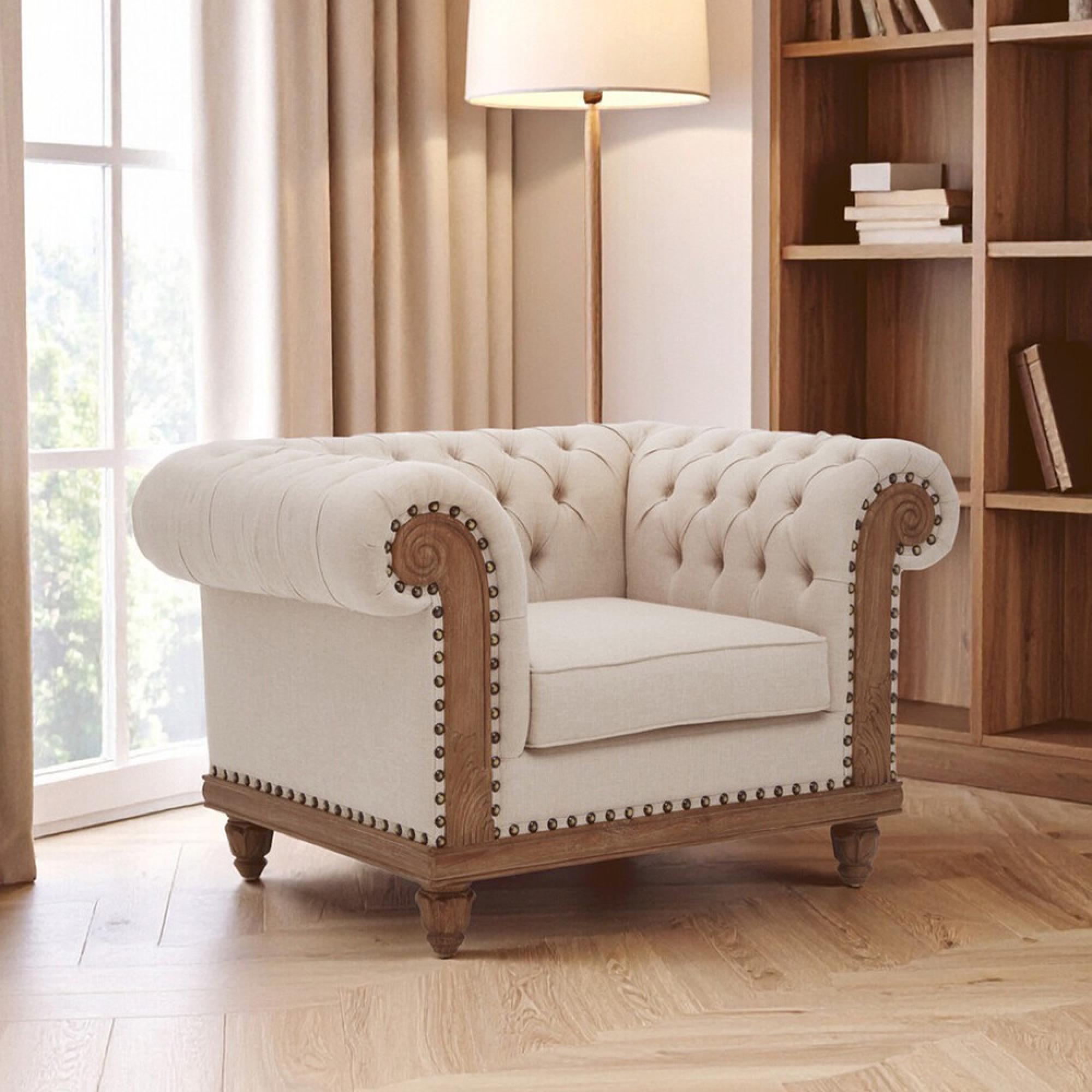 Cabra Chesterfield Armchair - Cream Fabric with Mahogany Wood