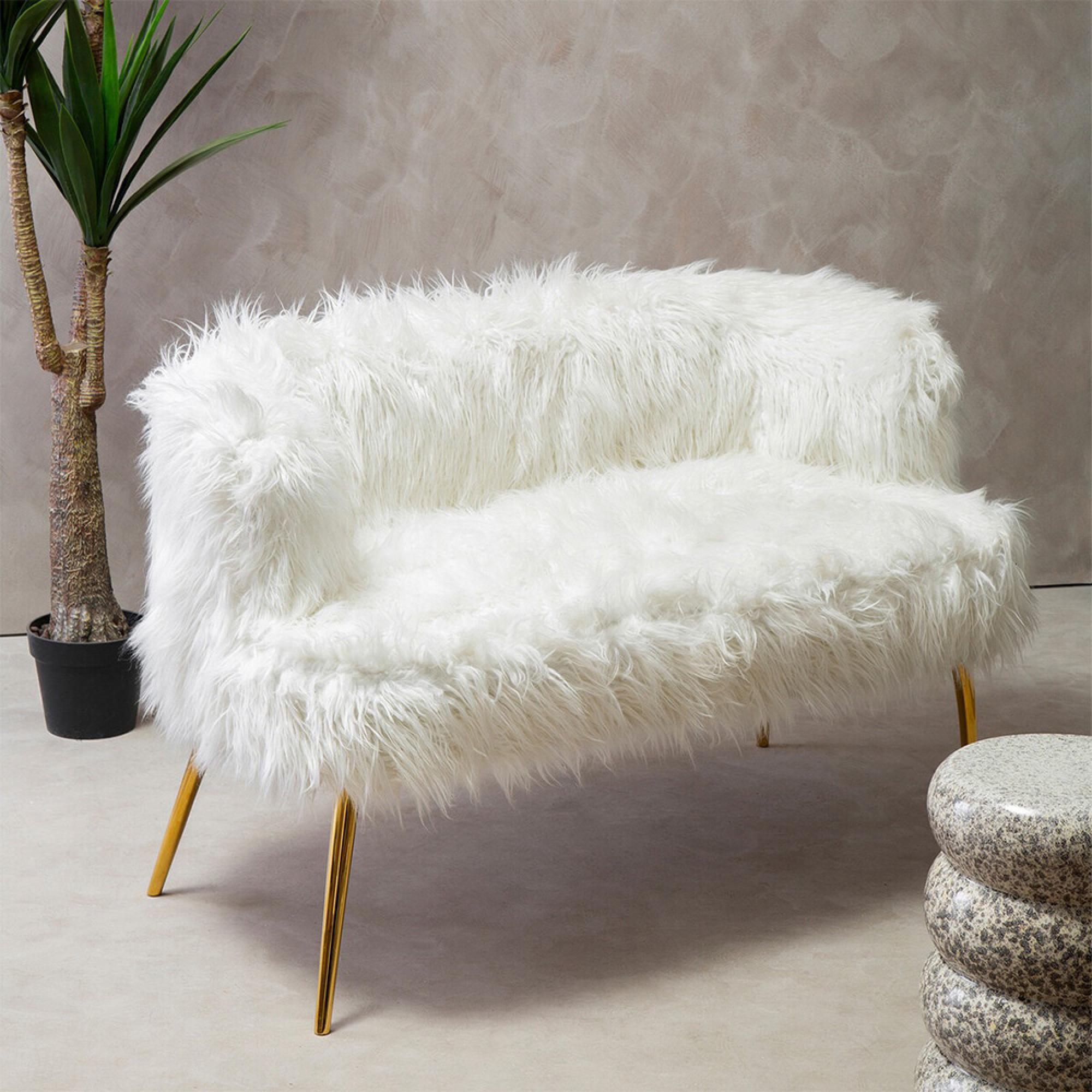 Clarence Sofa - 2 Seater - White Faux Fur with Gold Legs
