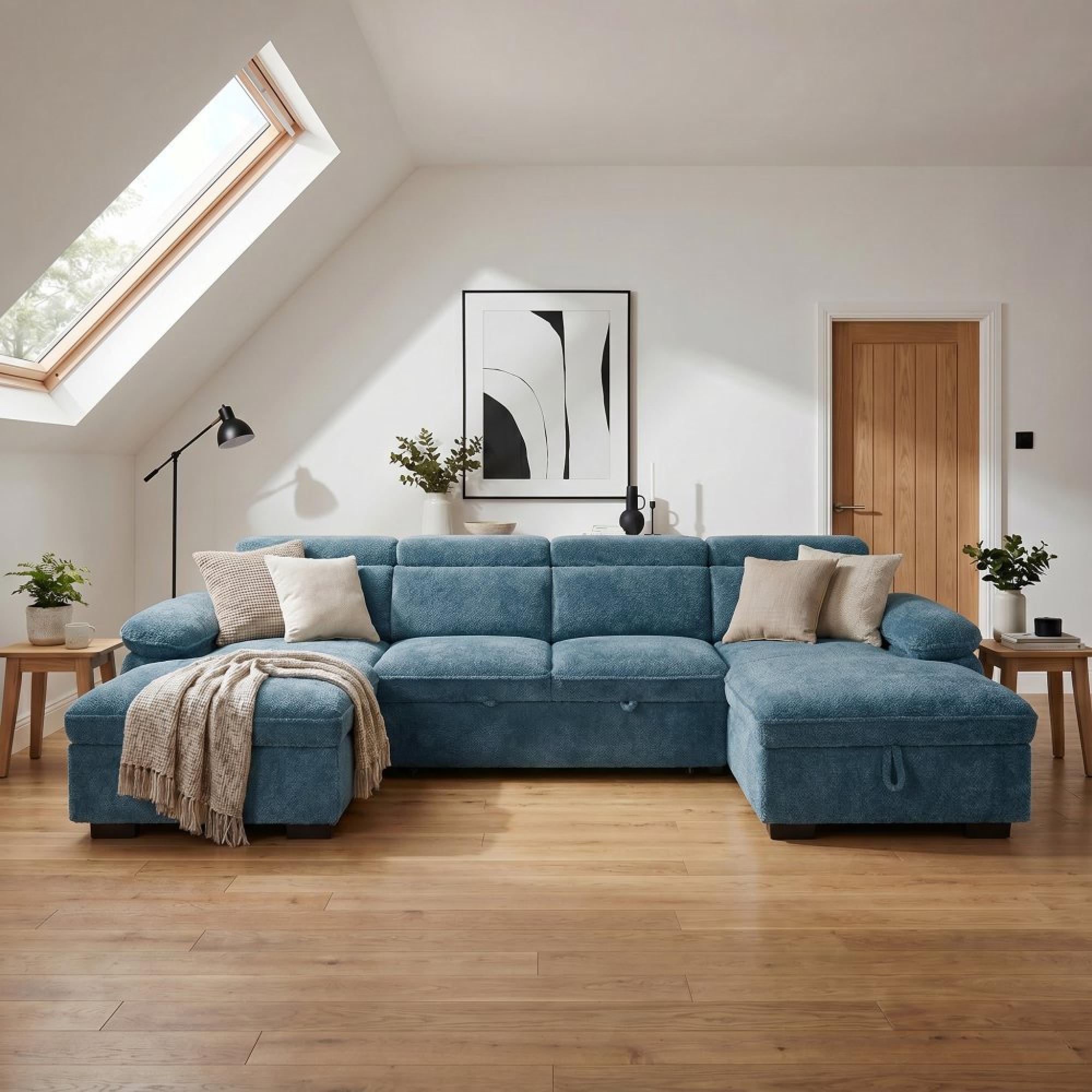 Hudson U Shape Corner Sofa Bed - Blue Fabric - Pull Out