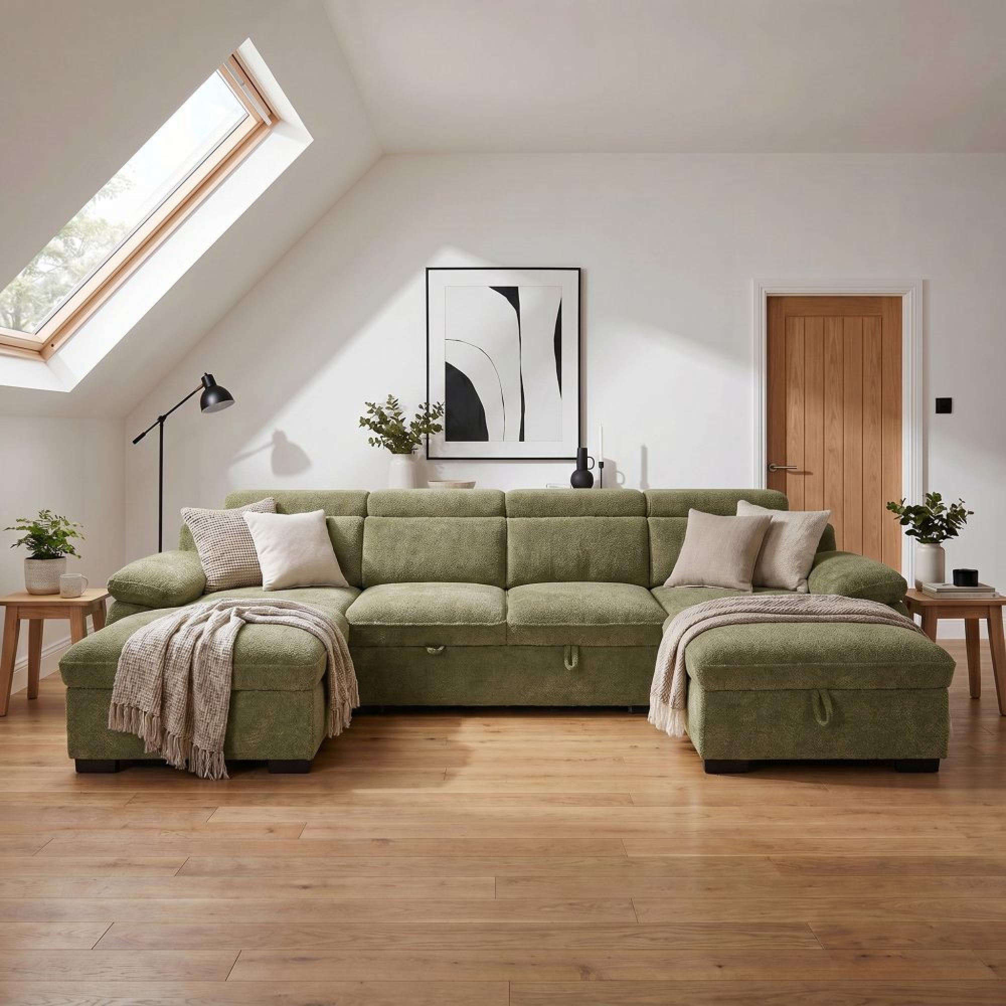 Hudson U Shape Corner Sofa Bed - Green Fabric - Pull Out