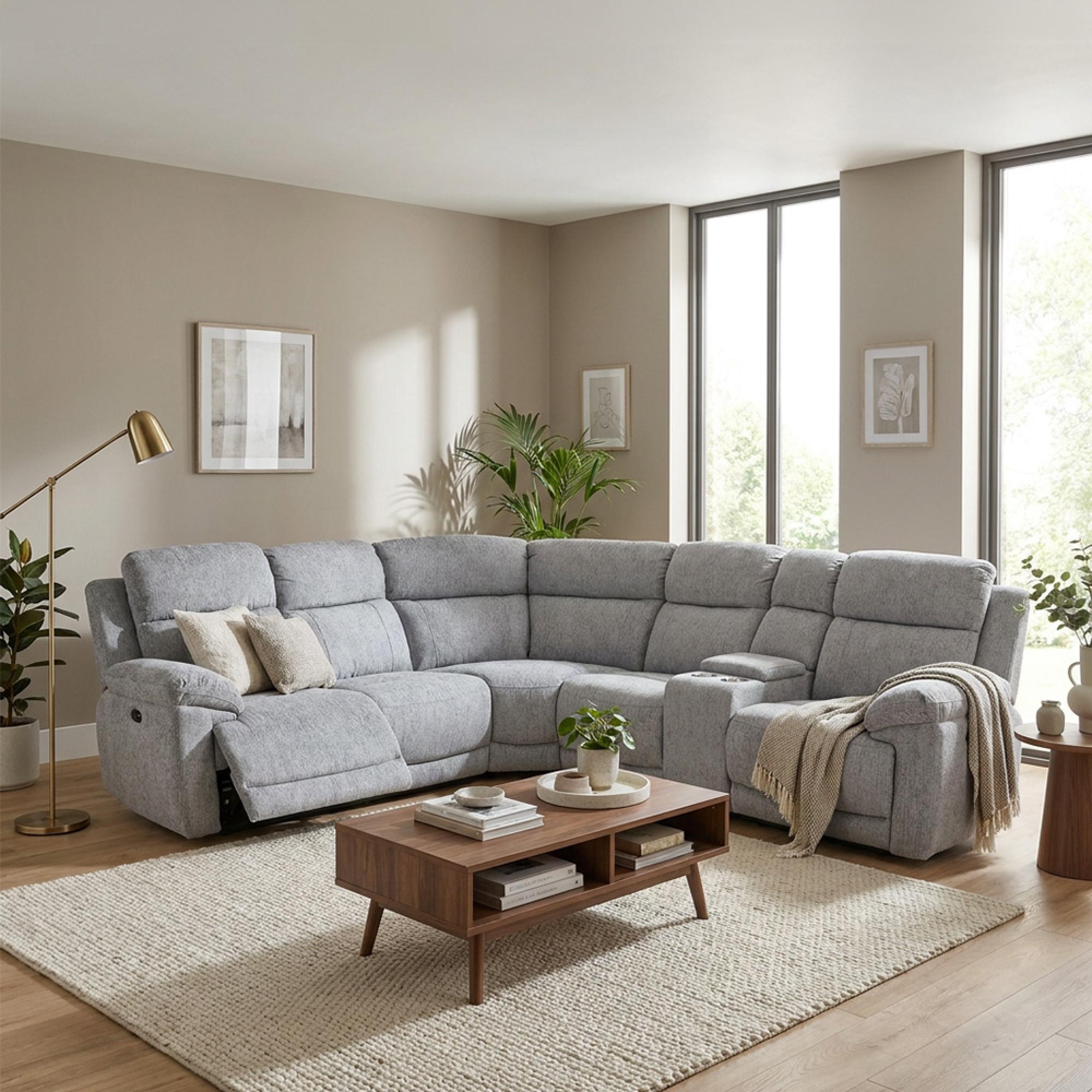 Owen Electric Recliner Corner Sofa - Grey Fabric - Console