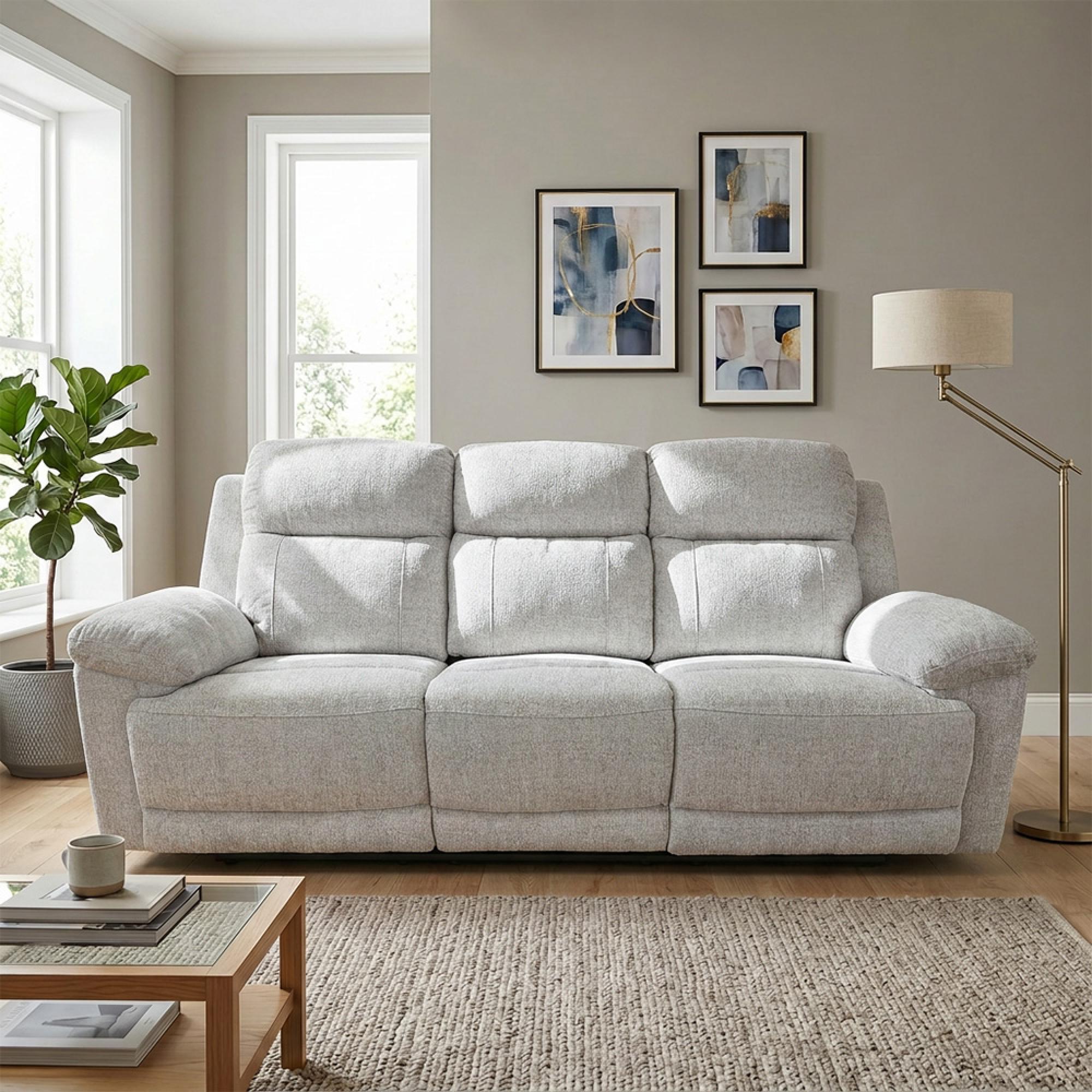 Owen Electric Recliner Sofa - Beige Fabric - 3 Seater