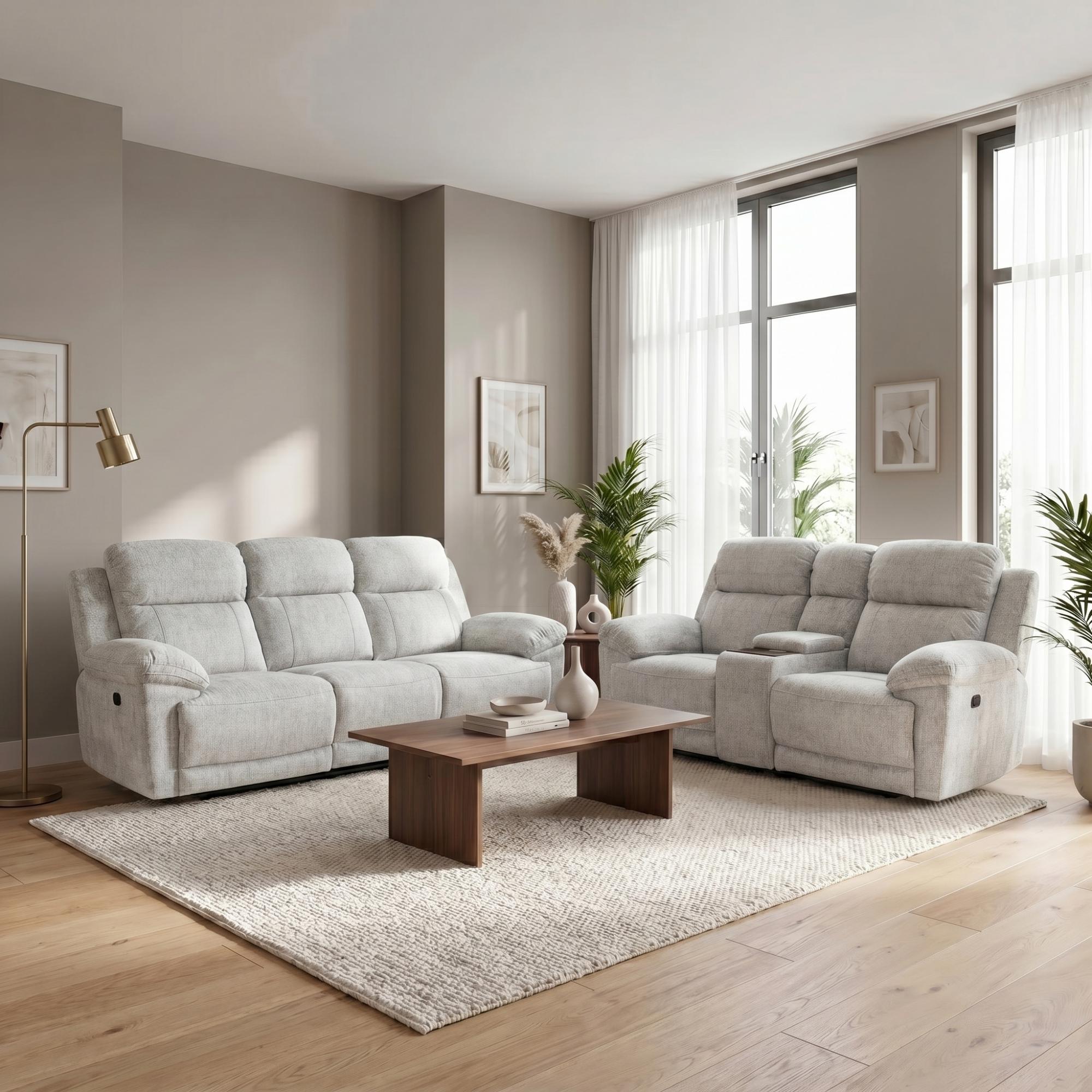 Owen Electric Recliner Sofa Set - Beige Fabric - 3+2 Seater