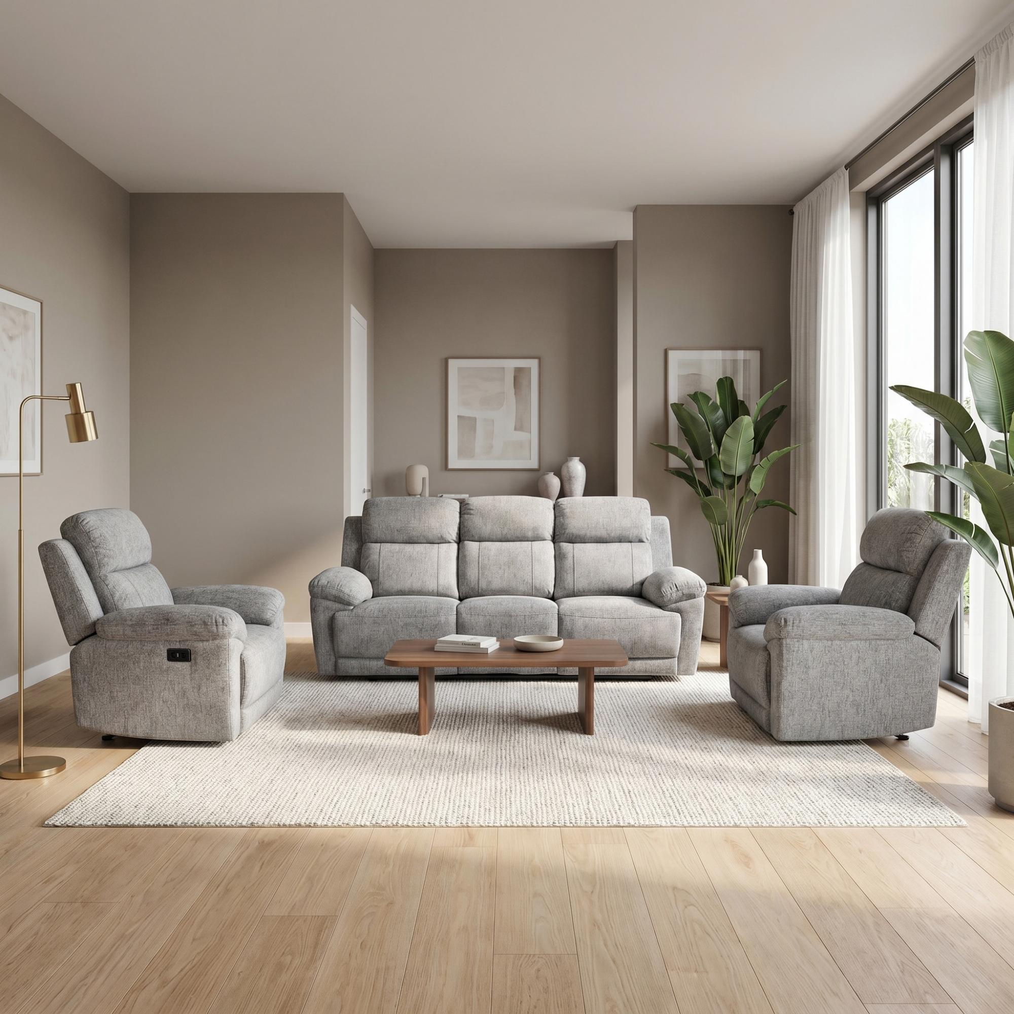 Owen Electric Recliner Sofa Set - Grey Fabric - 3+1+1 Seater