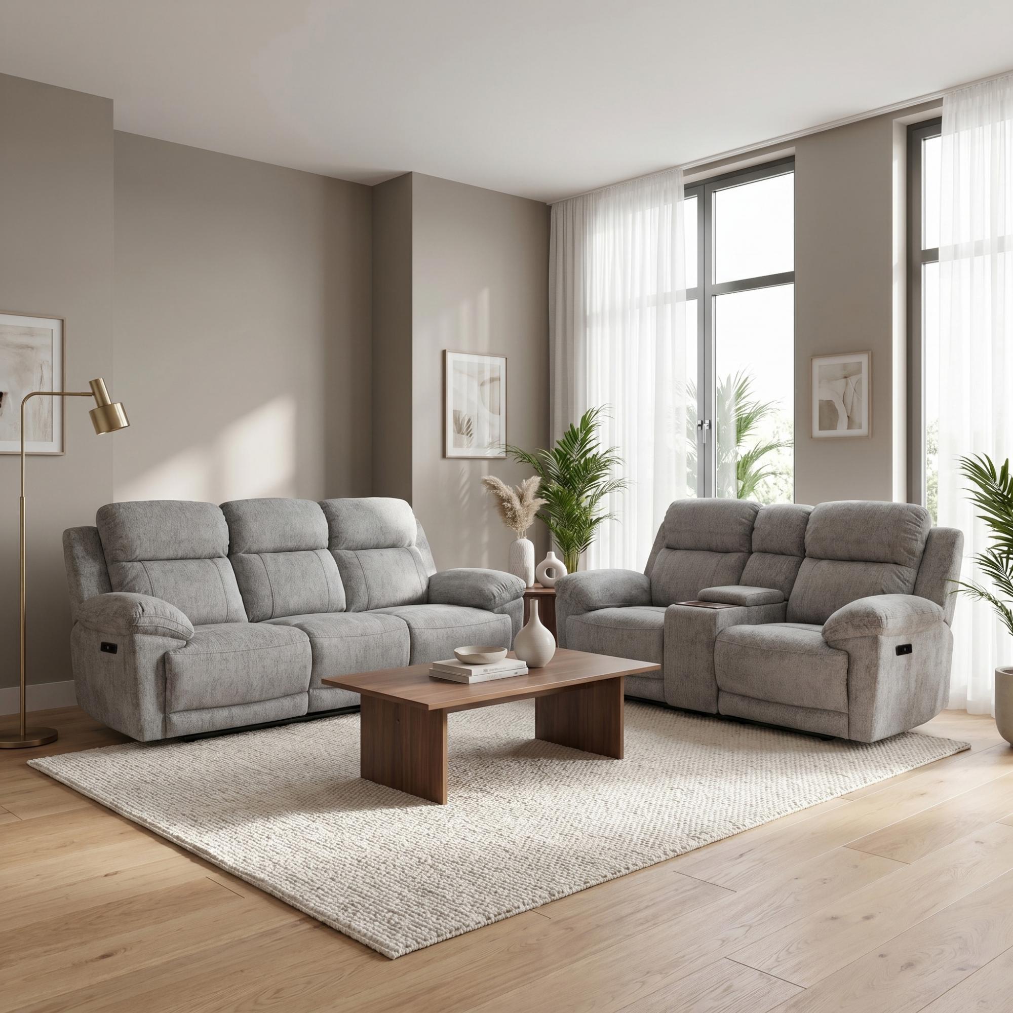 Owen Electric Recliner Sofa Set - Grey Fabric - 3+2 Seater