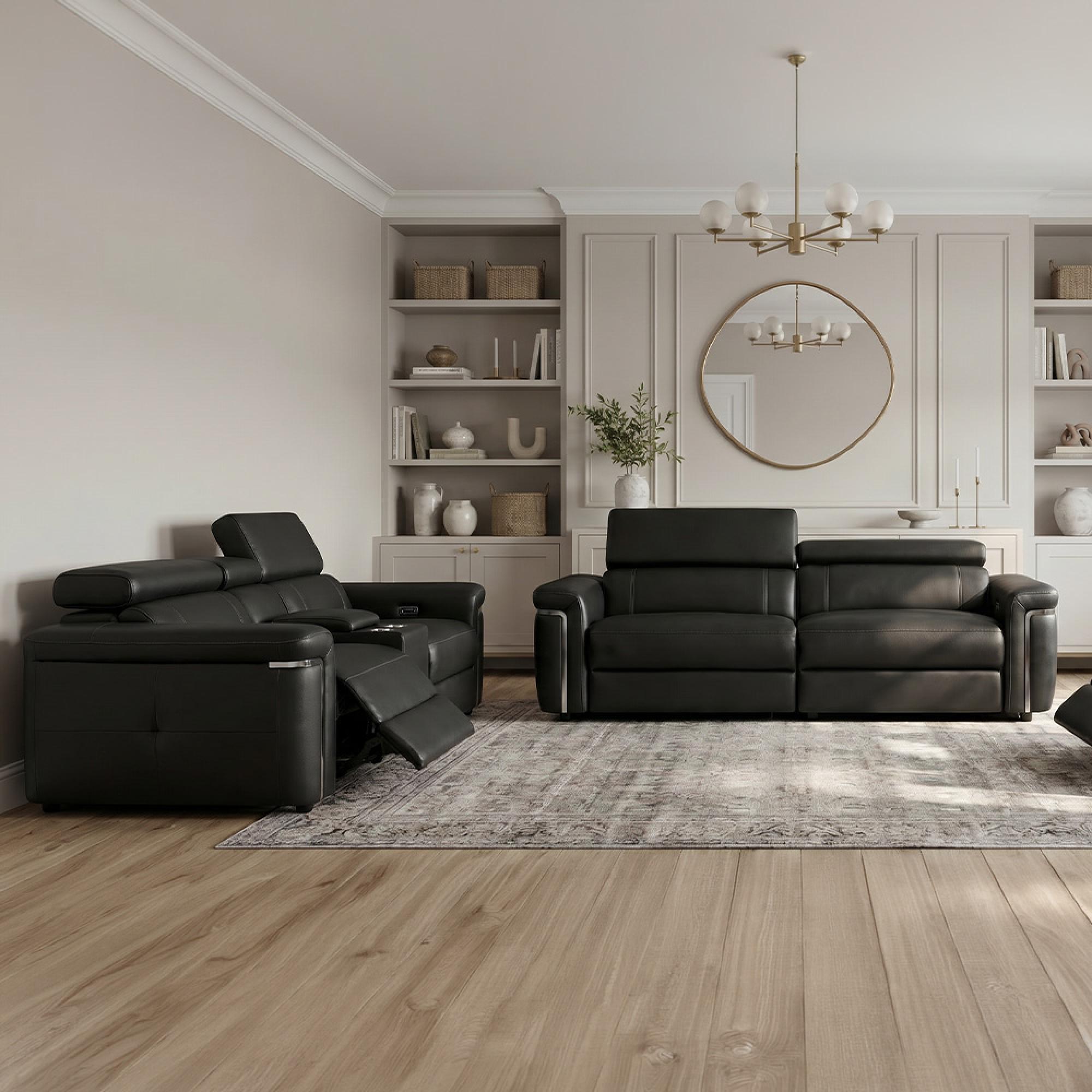 Somerville Electric Recliner Sofa - Black Leather - 3+2 Seater
