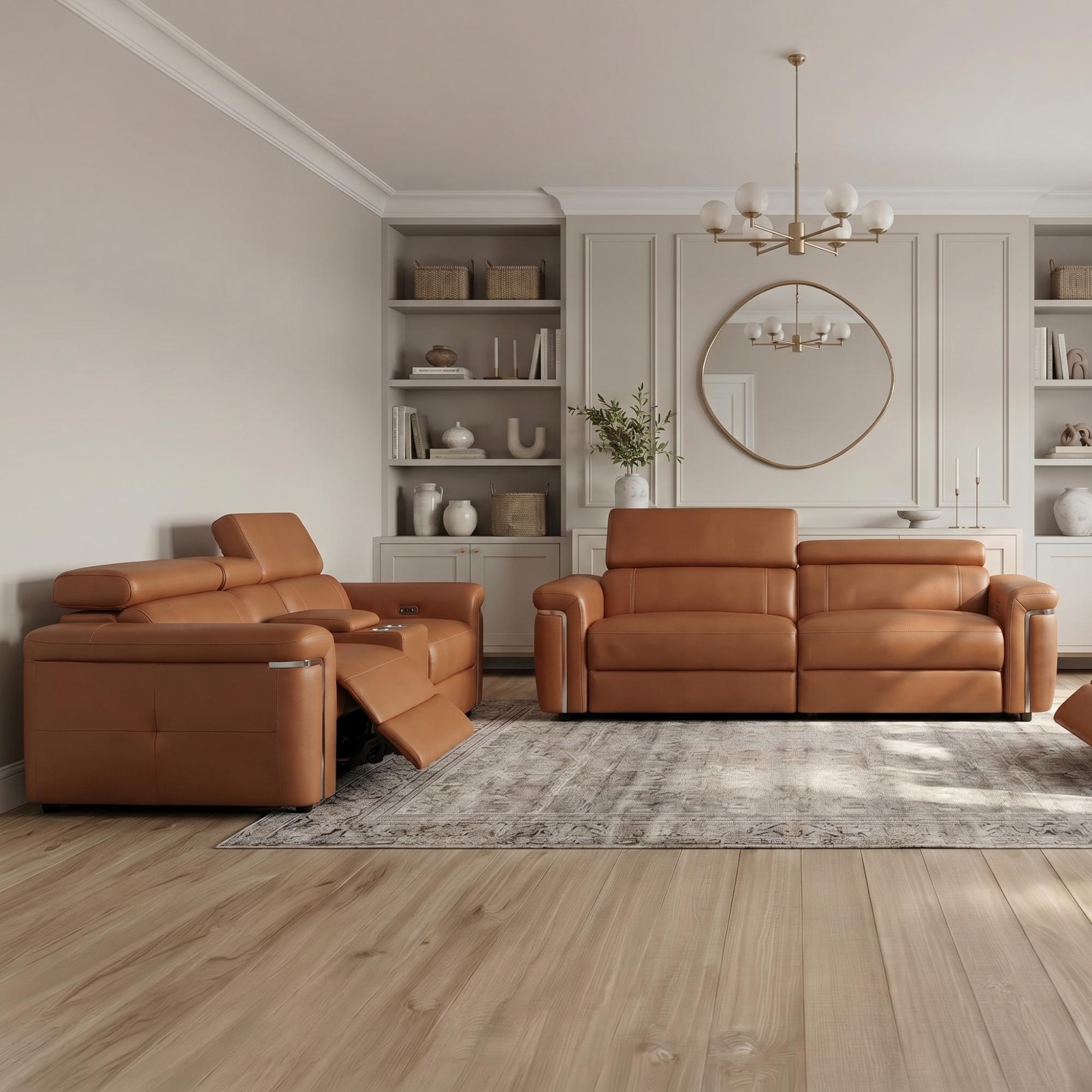 Somerville Electric Recliner Sofa - Tan Leather - 3+2 Seater