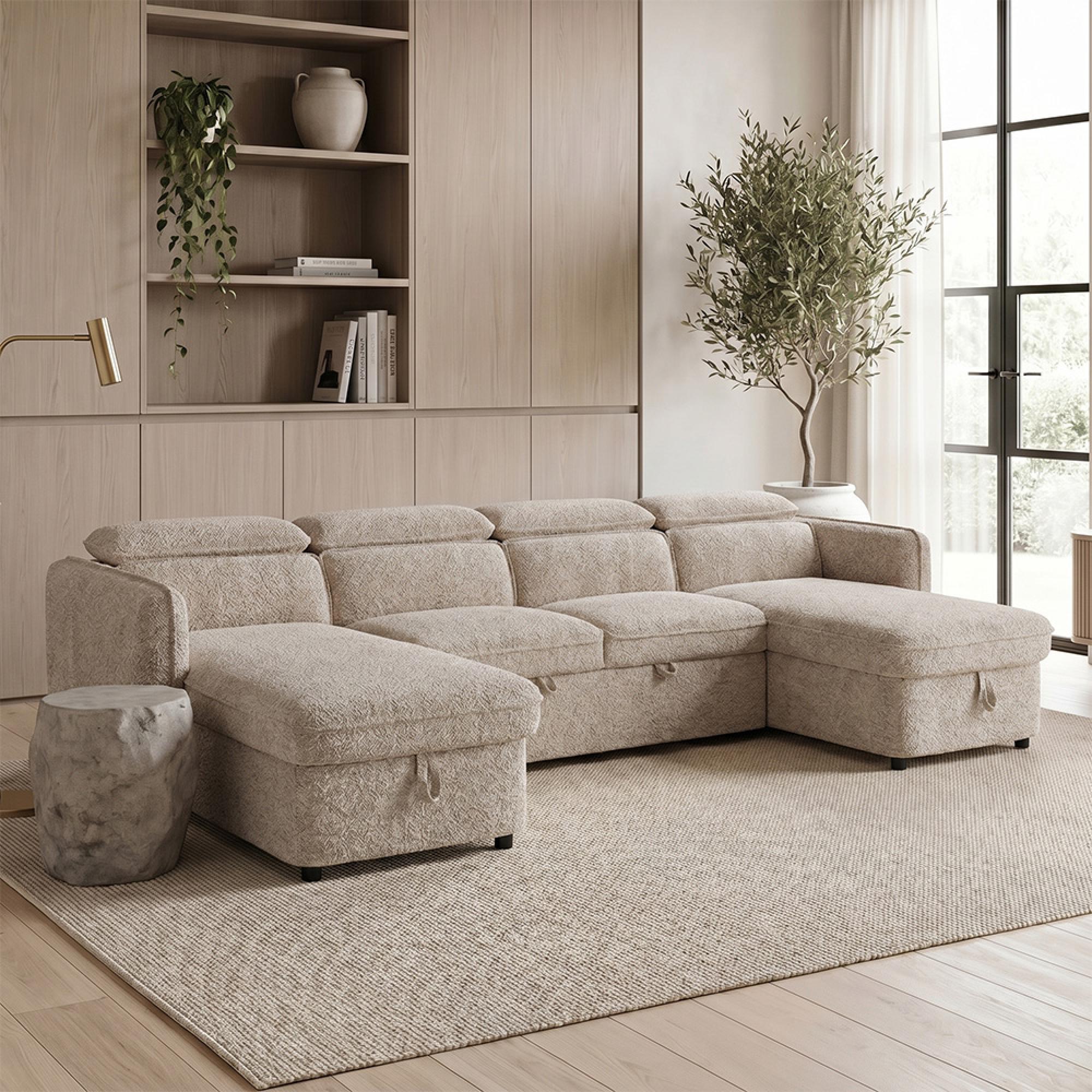 Capri U Shape Corner Sofa Bed - Beige Fabric - Pull Out