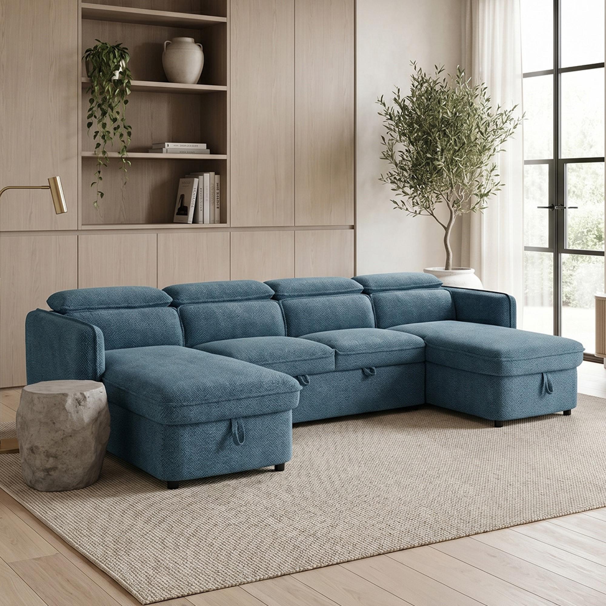 Capri U Shape Corner Sofa Bed - Blue Fabric - Pull Out