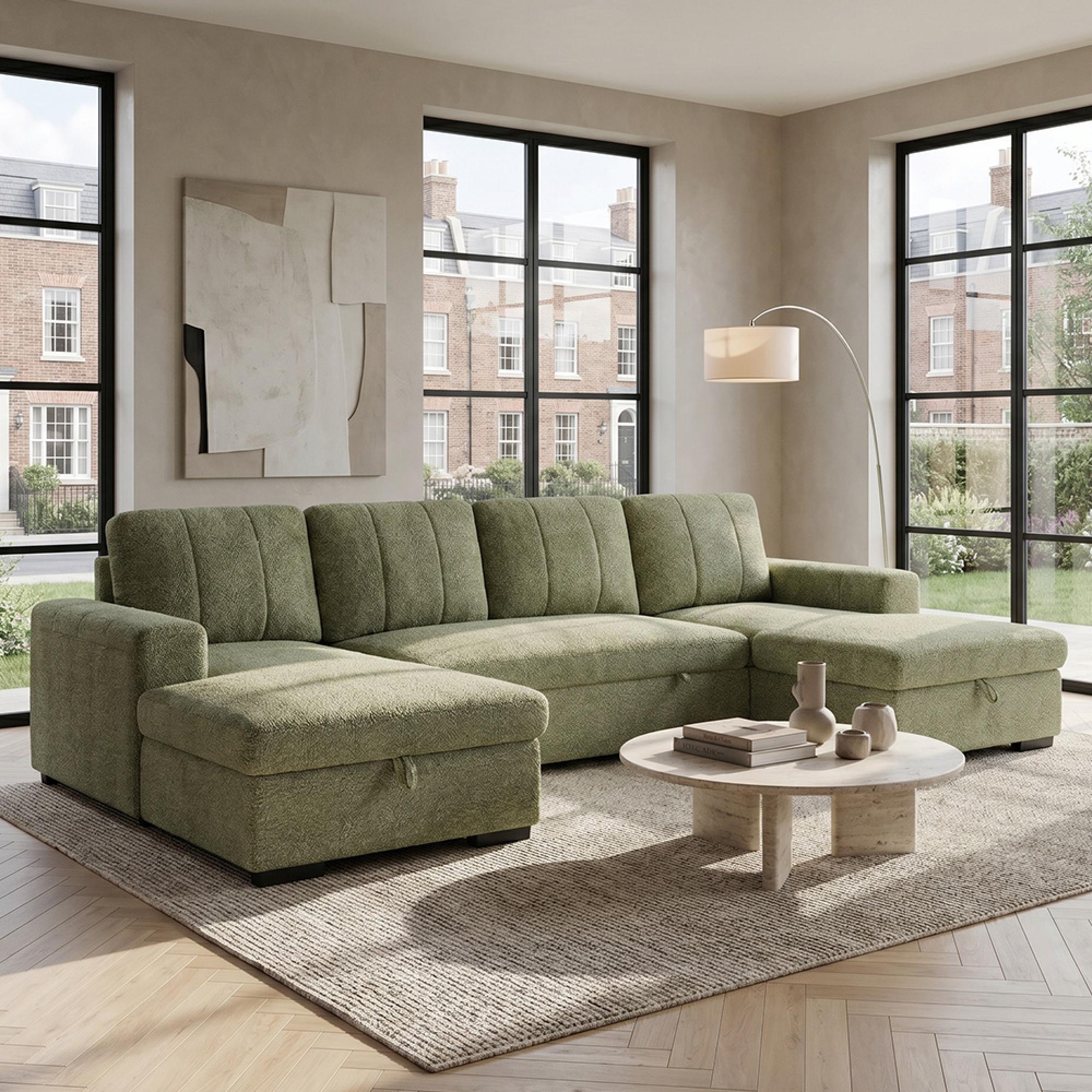 Como U Shape Corner Sofa Bed - Green Fabric - Pull Out