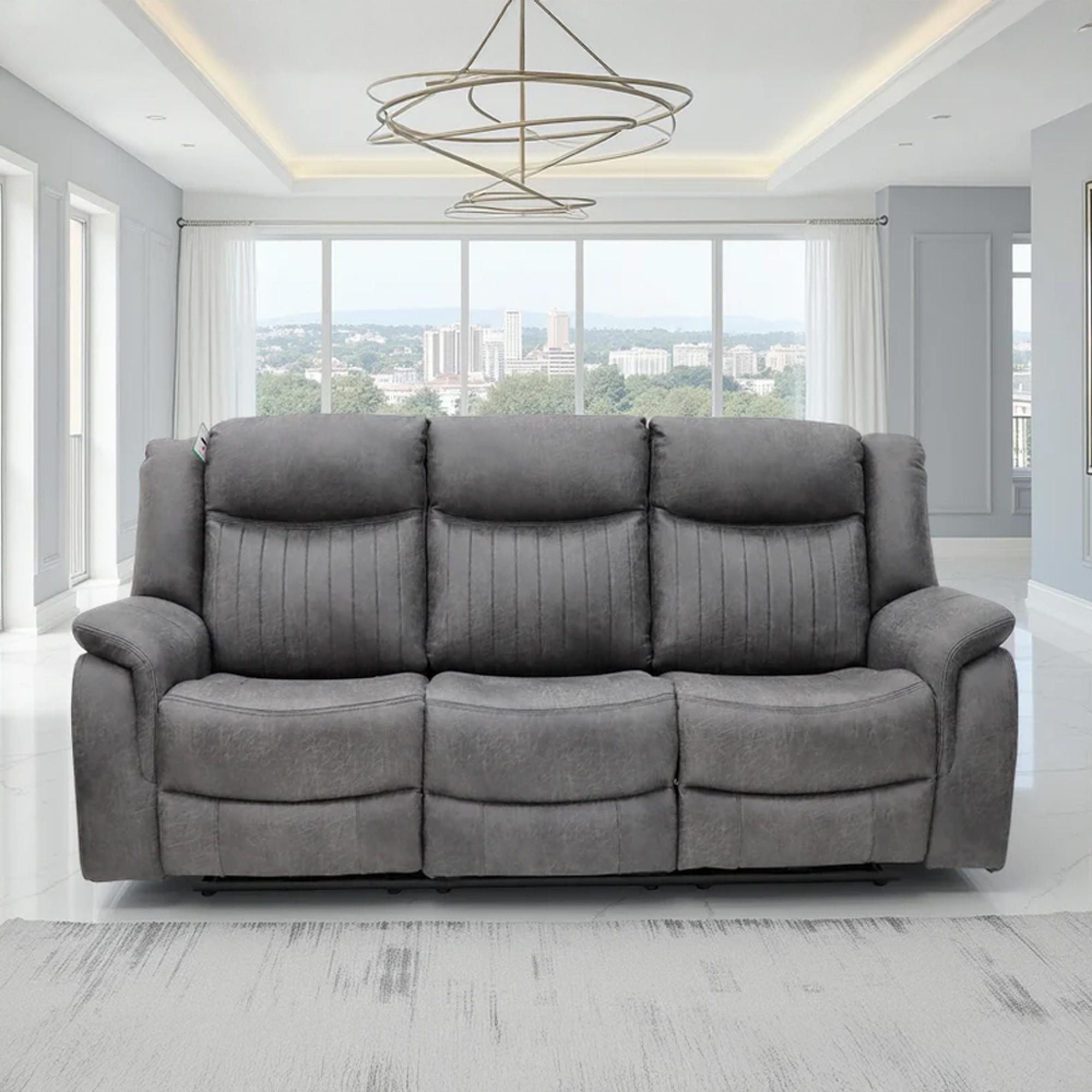 Leon Electric Recliner Sofa - Grey Fabric - 3 Seater