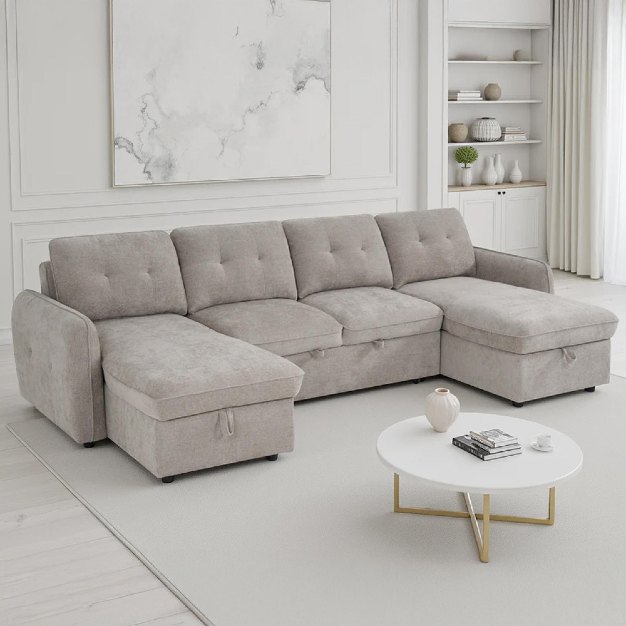 Moscow U Shape Corner Sofa Bed - Beige Fabric - Pull Out