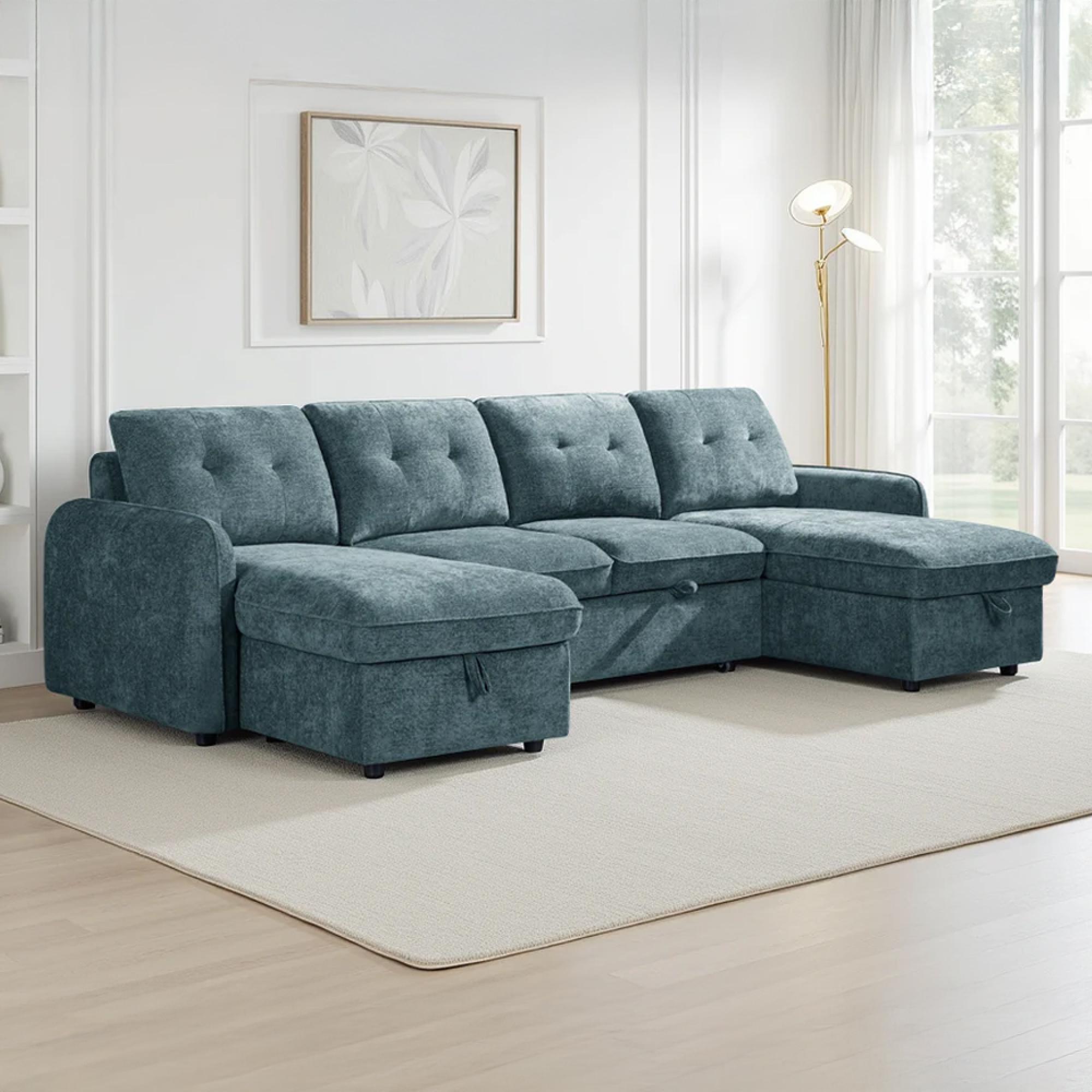 Moscow U Shape Corner Sofa Bed - Blue Fabric - Pull Out