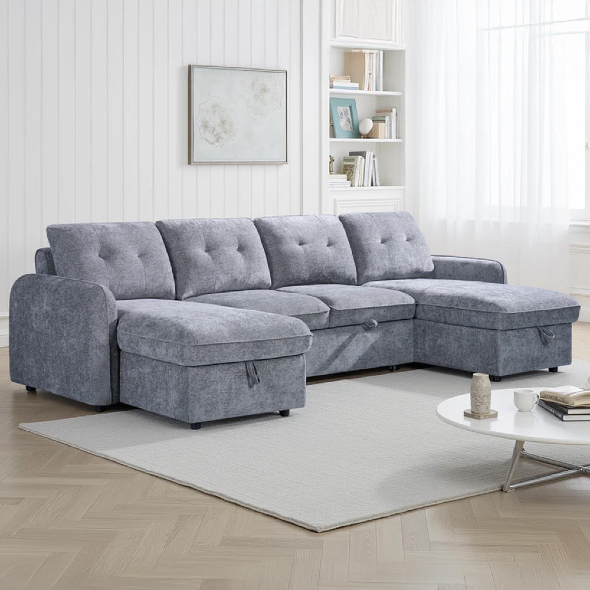 Moscow U Shape Corner Sofa Bed - Grey Fabric - Pull Out
