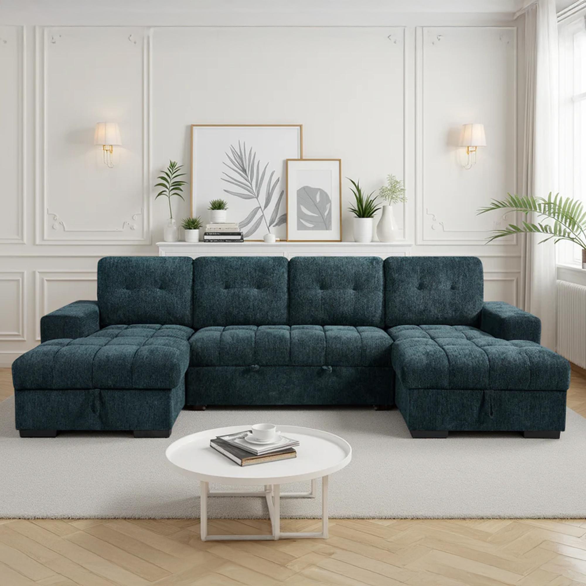 Palermo U Shape Corner Sofa Bed - Teal Fabric - Pull Out