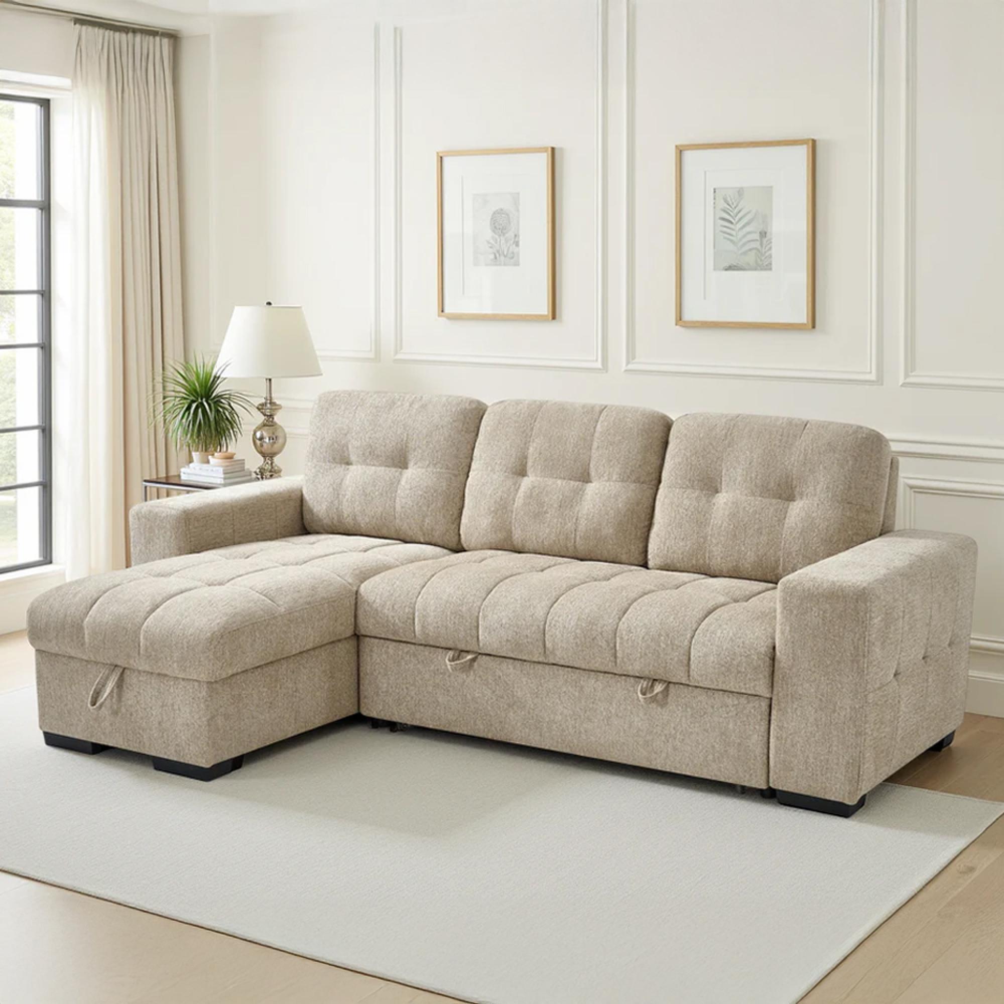 Palermo Universal Corner Sofa Bed - Beige Fabric - Pull Out