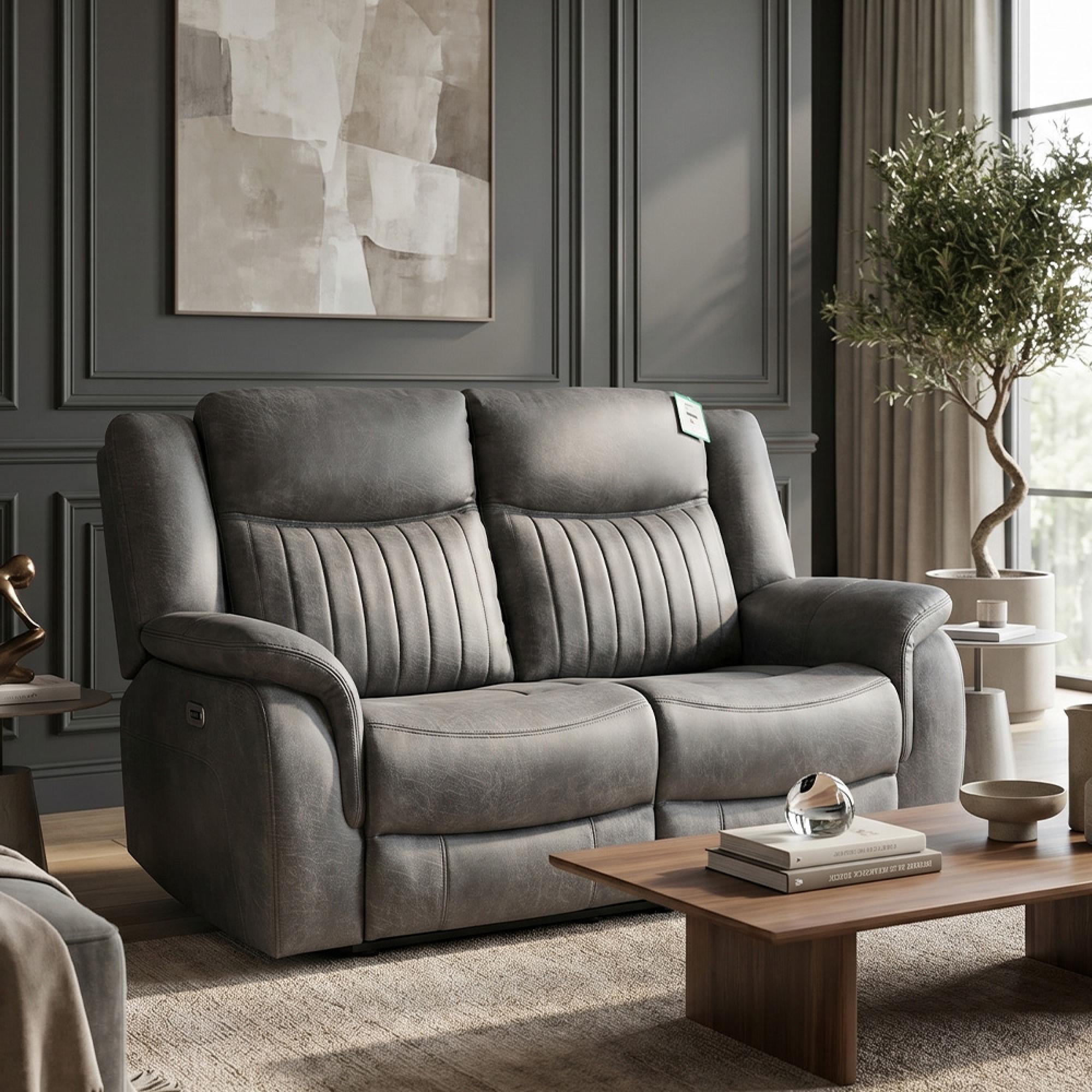 Leon Electric Recliner Sofa - Grey Fabric - 2 Seater