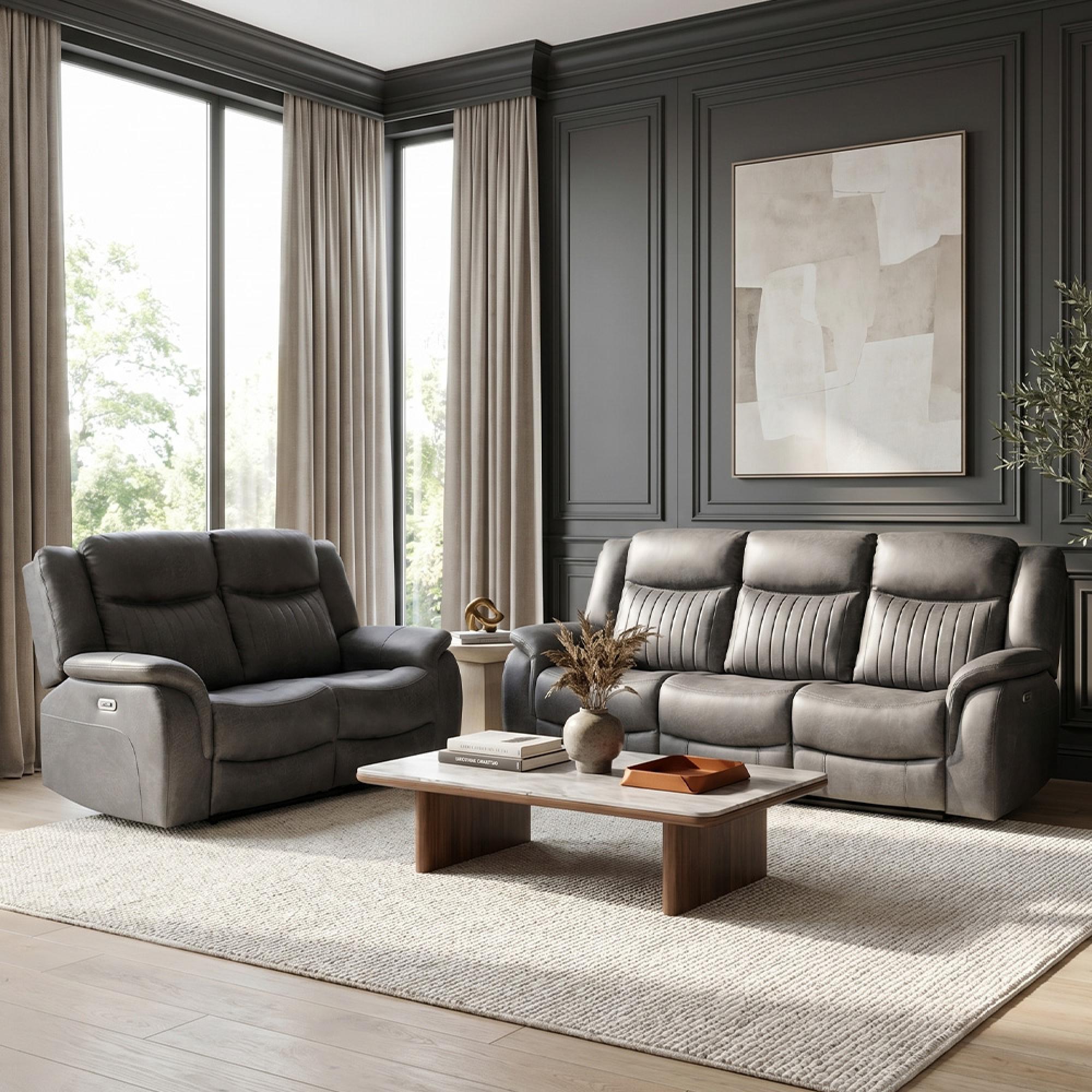 Leon Electric Recliner Sofa - Grey Fabric - 3+2 Seater