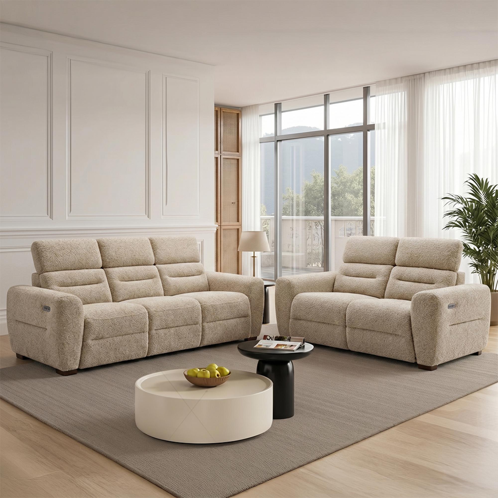 Tokyo Electric Recliner Sofa - Beige Fabric - 3+2 Seater