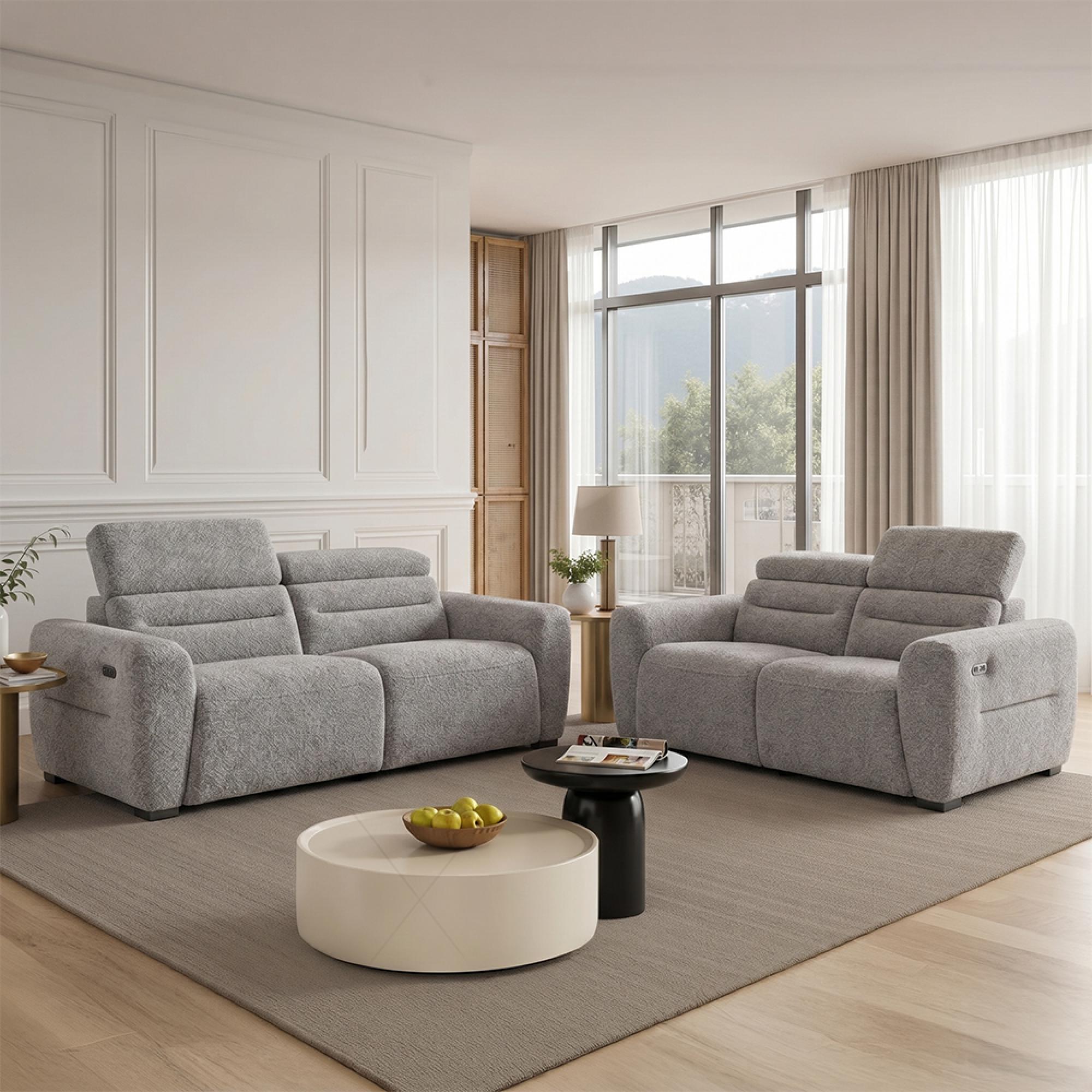 Tokyo Electric Recliner Sofa - Grey Fabric - 3+2 Seater