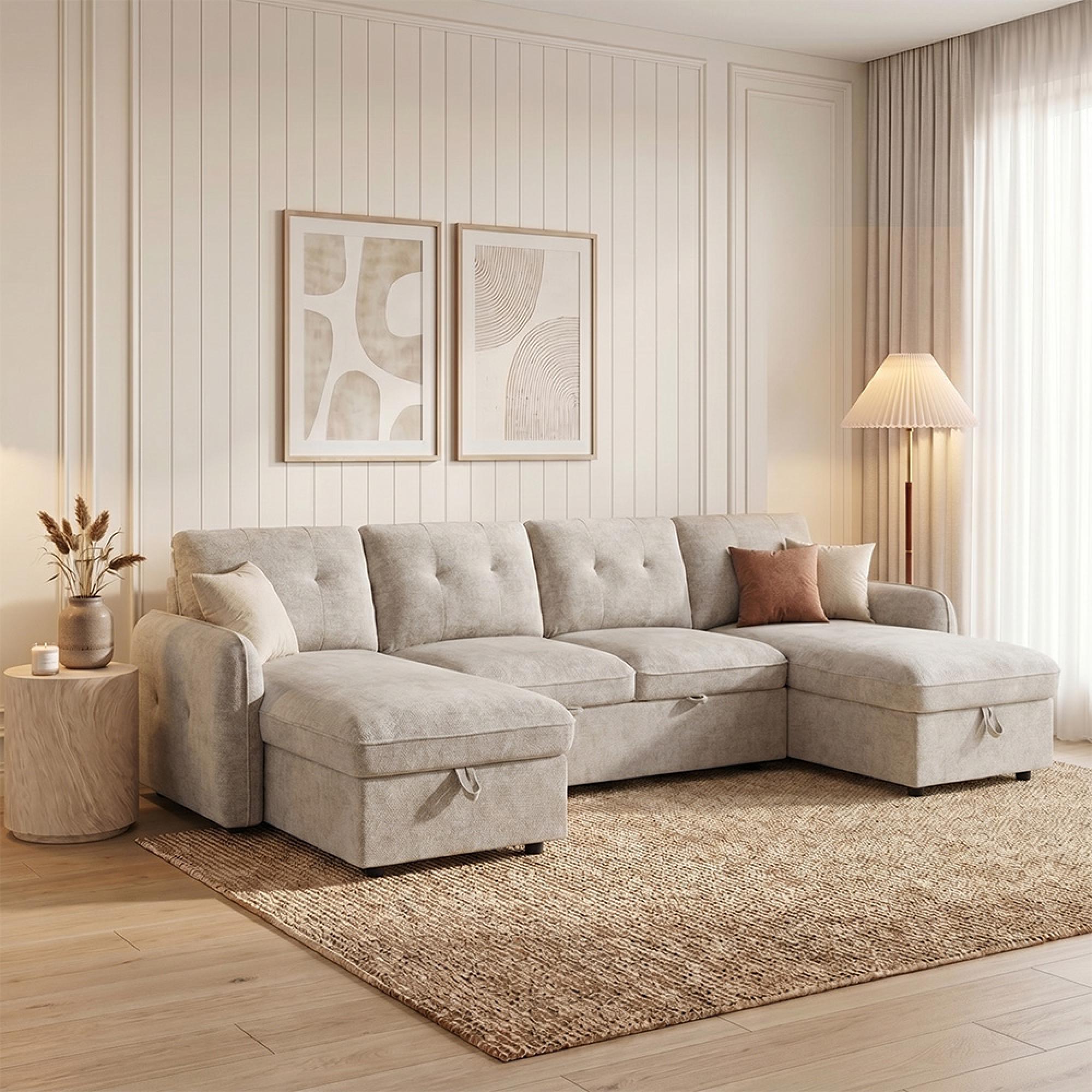 Moscow U Shape Corner Sofa Bed - Beige Fabric - Pull Out