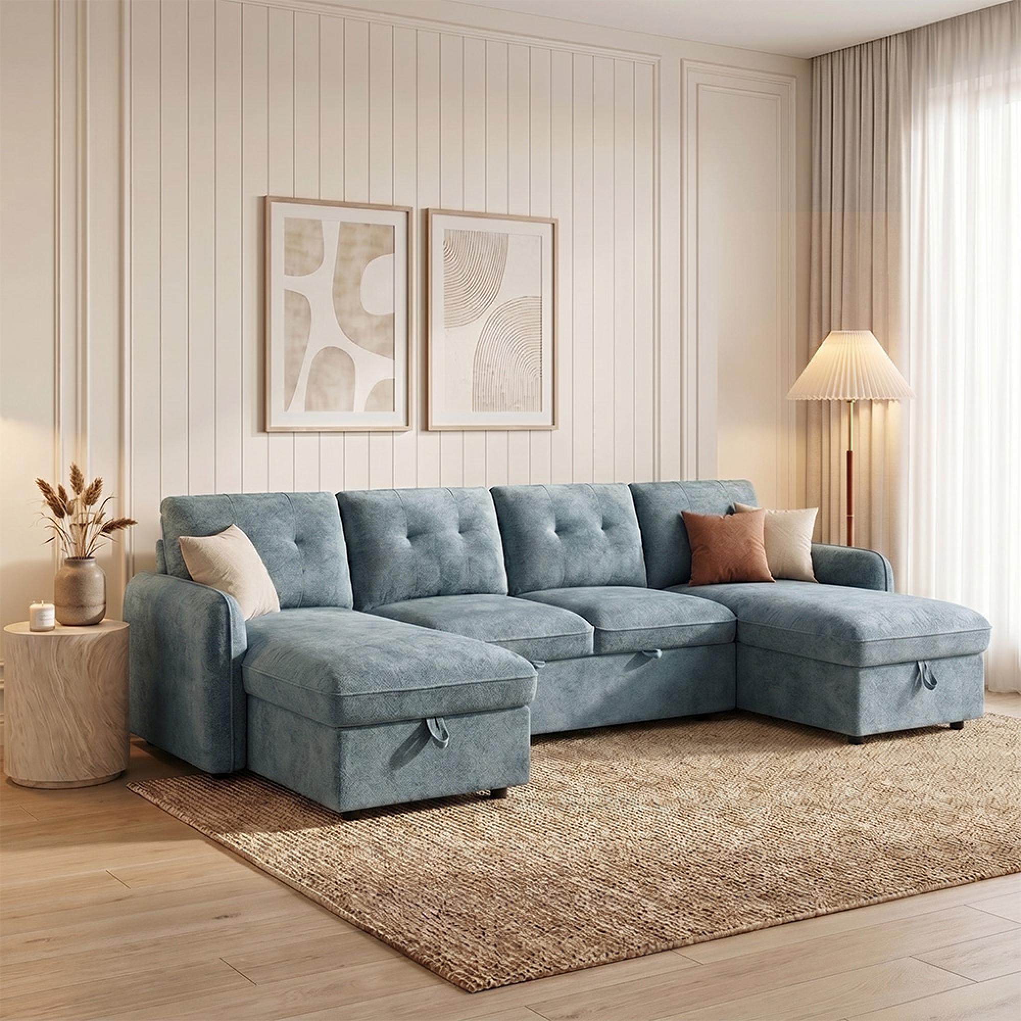 Moscow U Shape Corner Sofa Bed - Blue Fabric - Pull Out