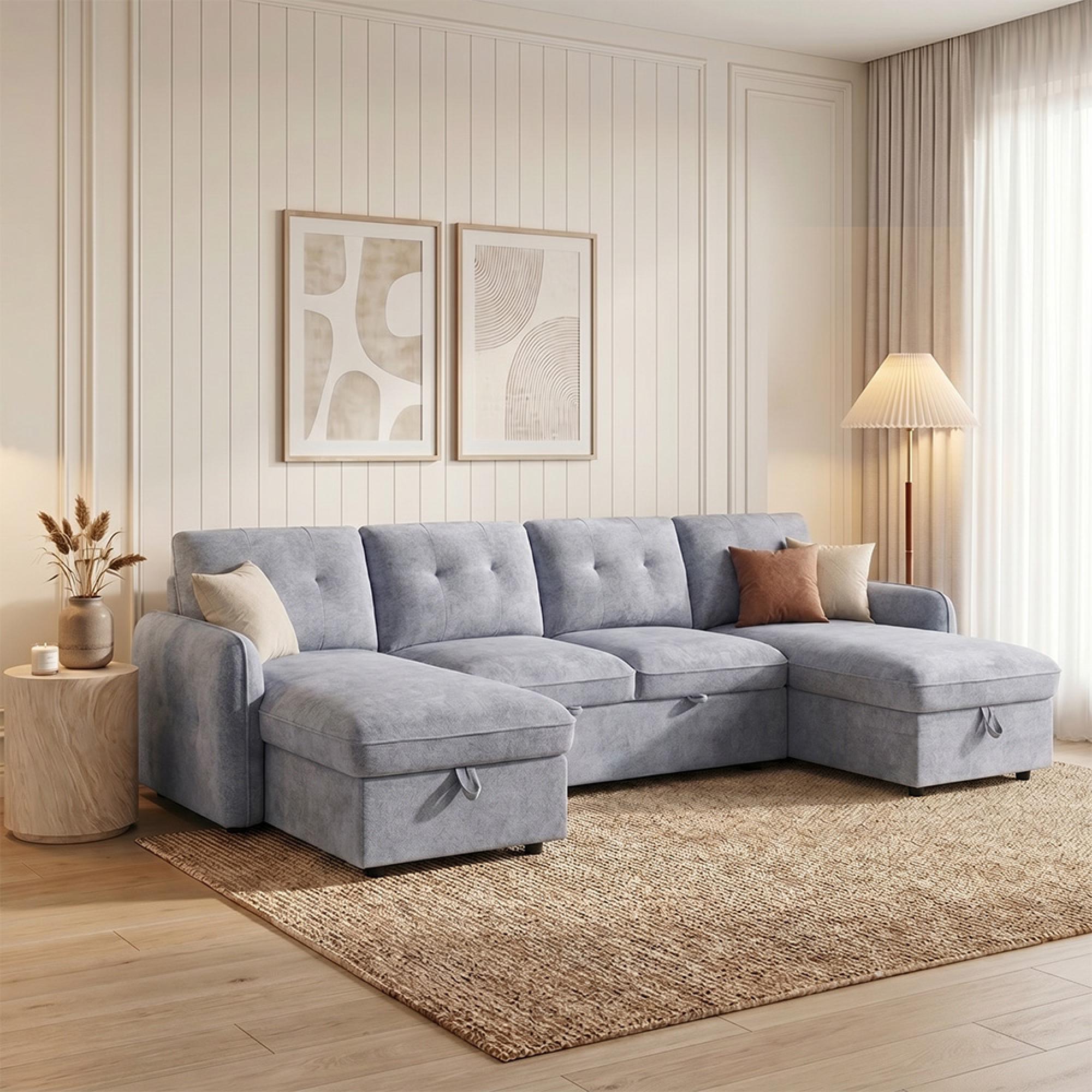 Moscow U Shape Corner Sofa Bed - Grey Fabric - Pull Out