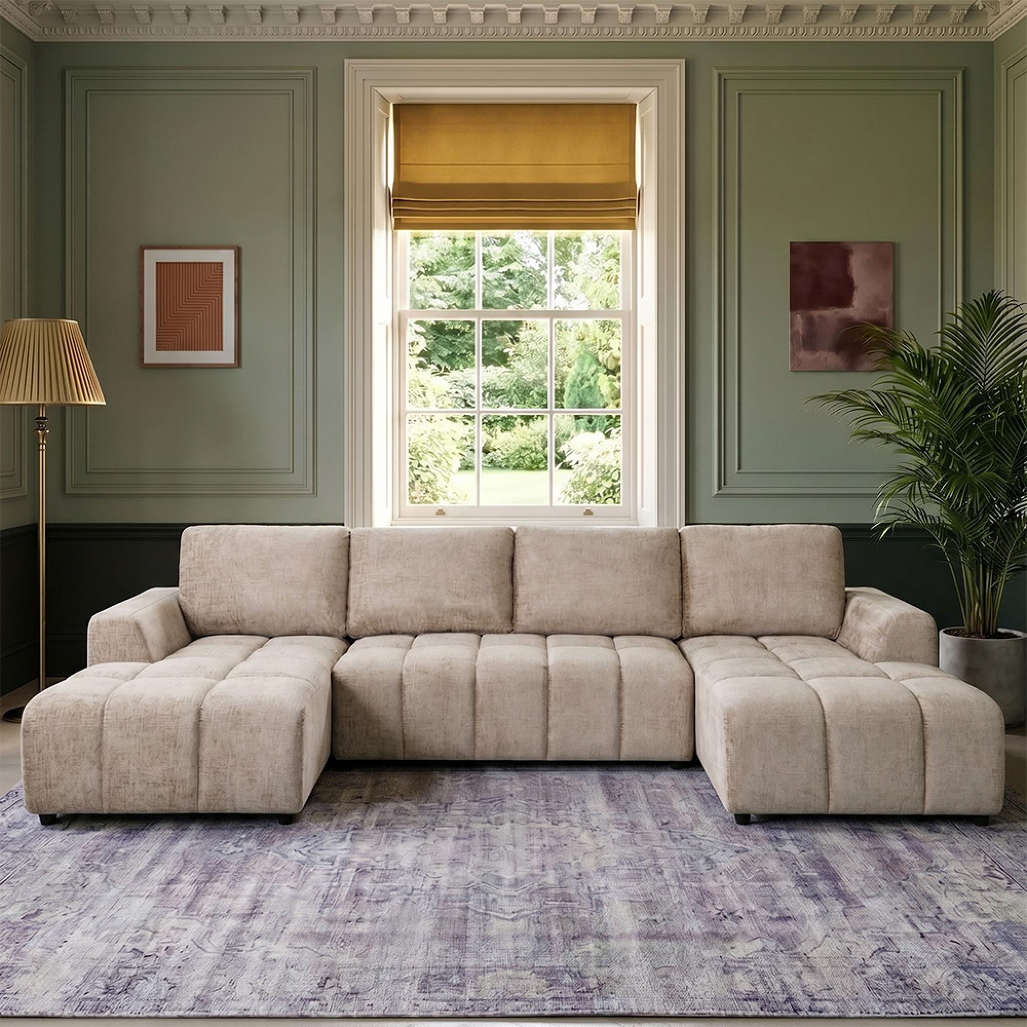 Shanghai Luxury U Shape Corner Sofa Bed - Beige Fabric