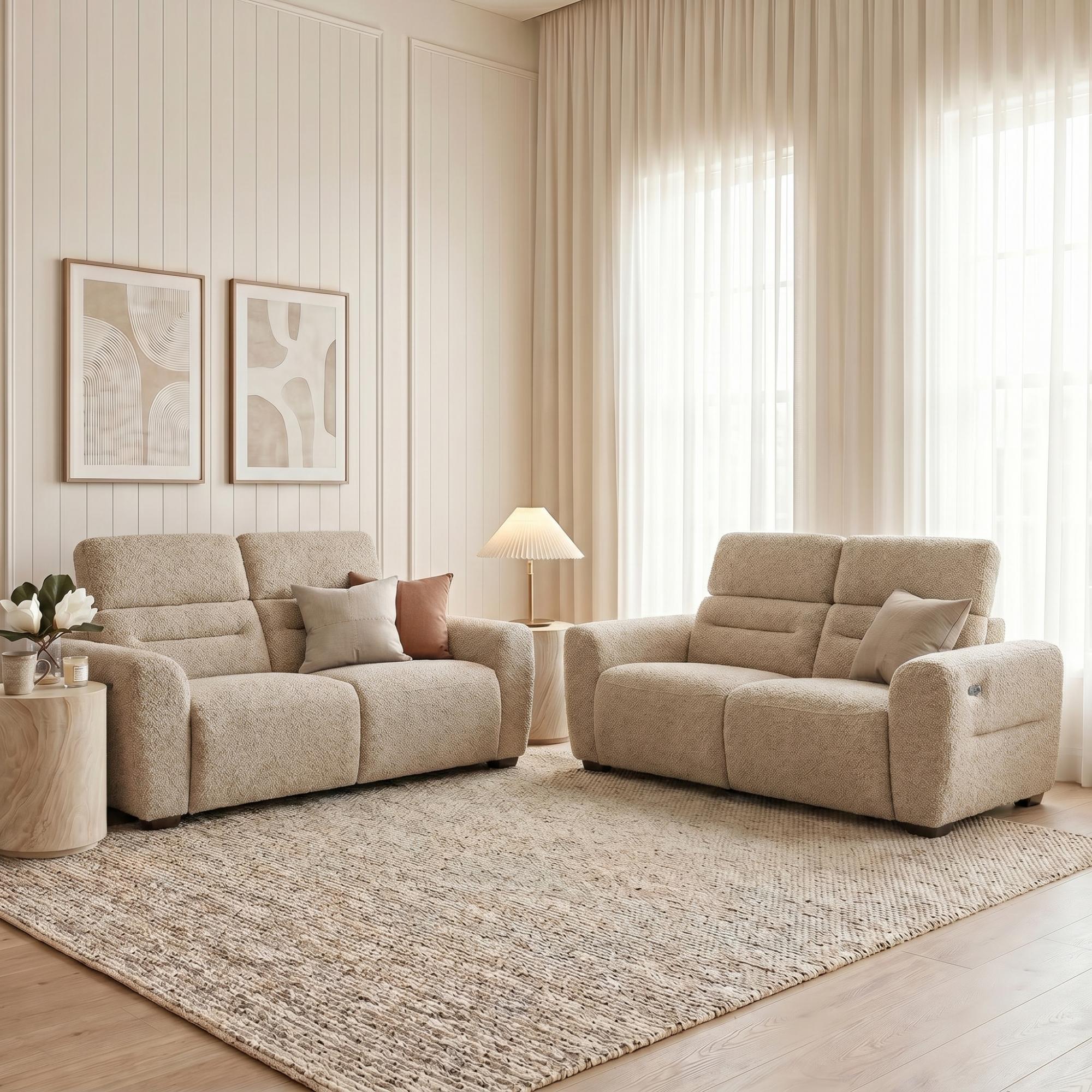 Tokyo Electric Recliner Sofa - Beige Fabric - 3+2 Seater