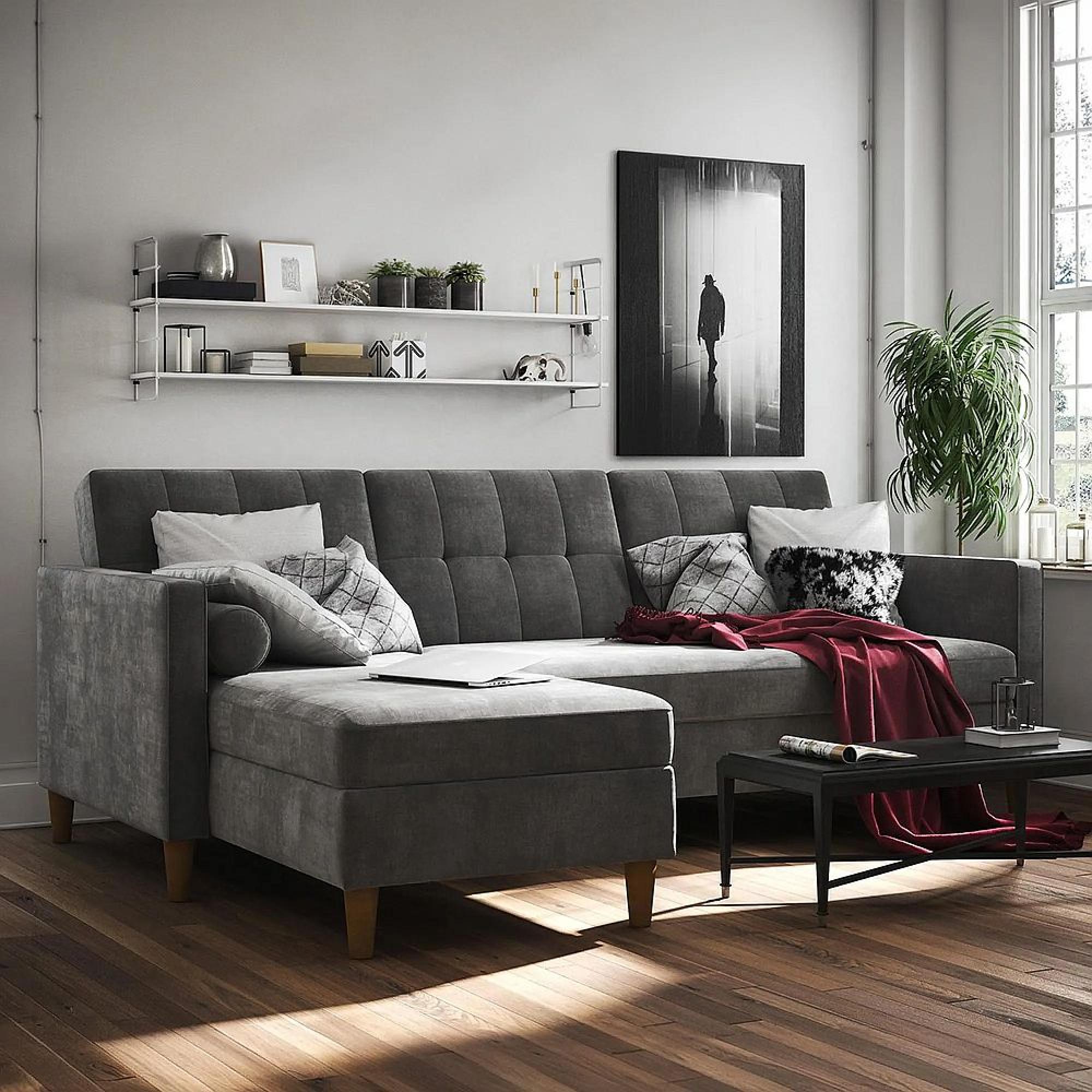 Clearance - Hartford Sectional Futon Sofa Bed - Storage - Grey Chenille Fabric - 2195459UK - FSS17356