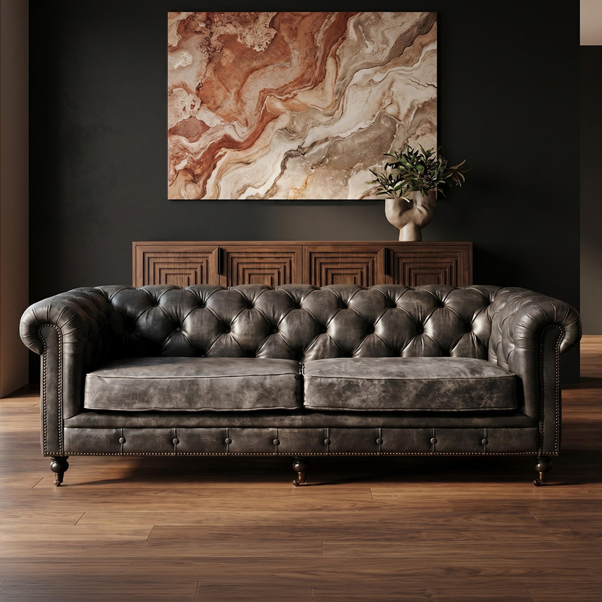 Hoxton Sofa - Chesterfield - 3 Seater - Dark Grey Leather