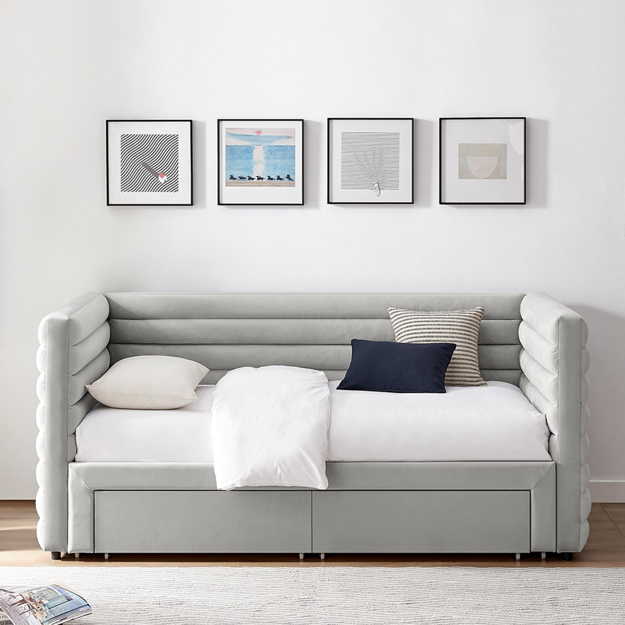 Byrne Daybed - 2 Drawer - Grey Velvet - Fabric