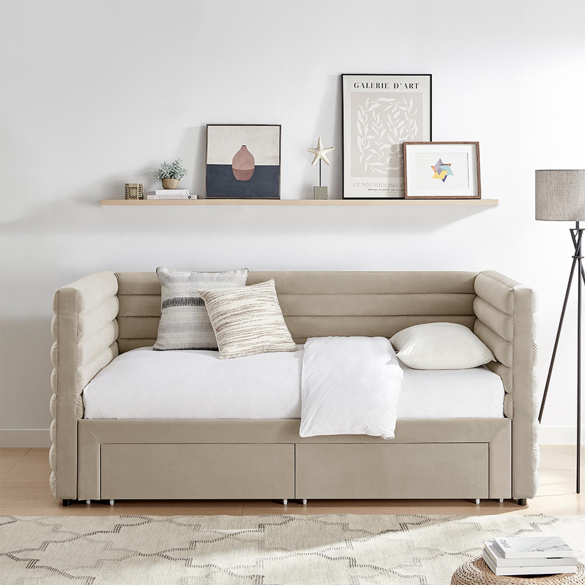 Byrne Daybed - 2 Drawer - Taupe Velvet - Fabric