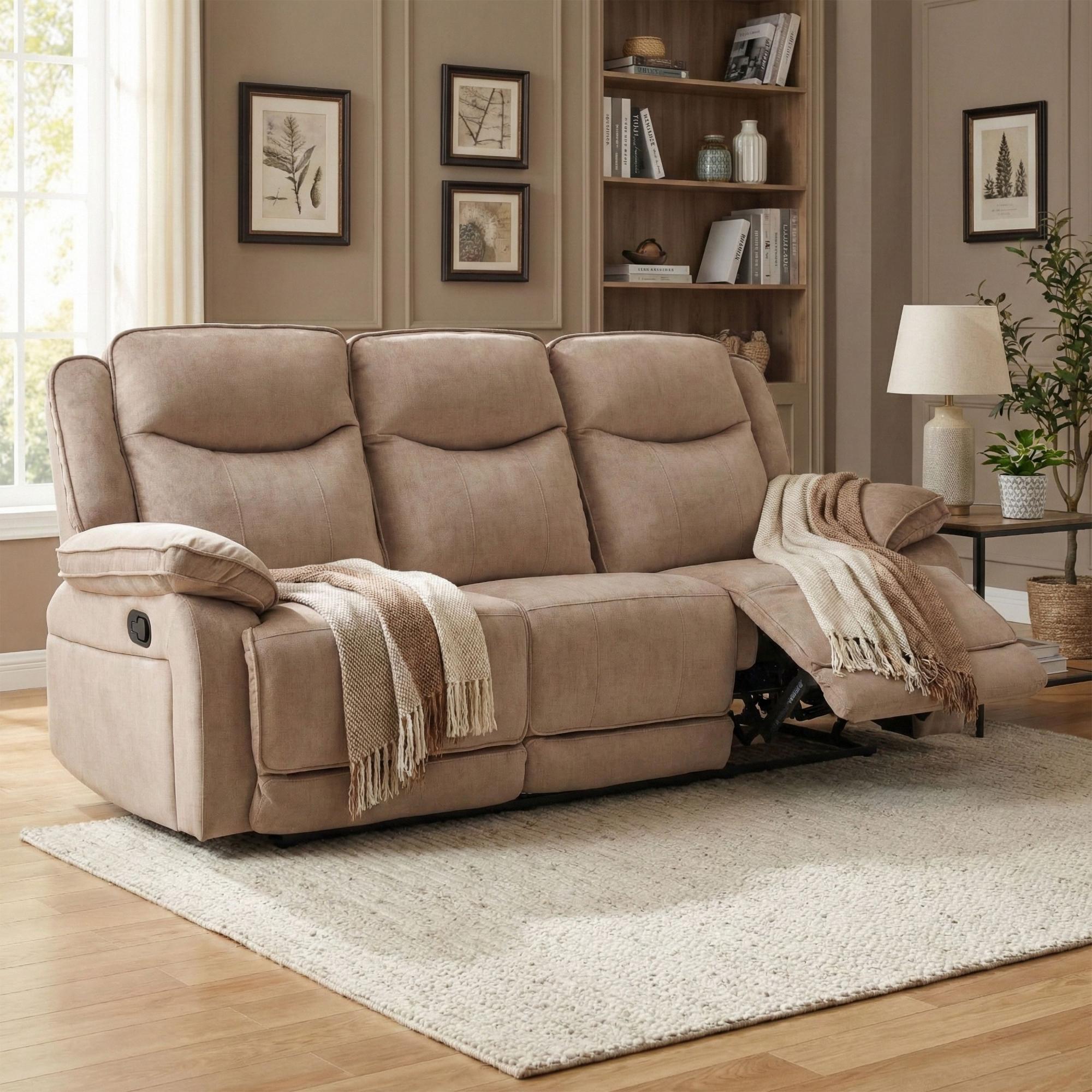 Clayton Recliner Sofa - 3 Seater - Light Brown - Fabric
