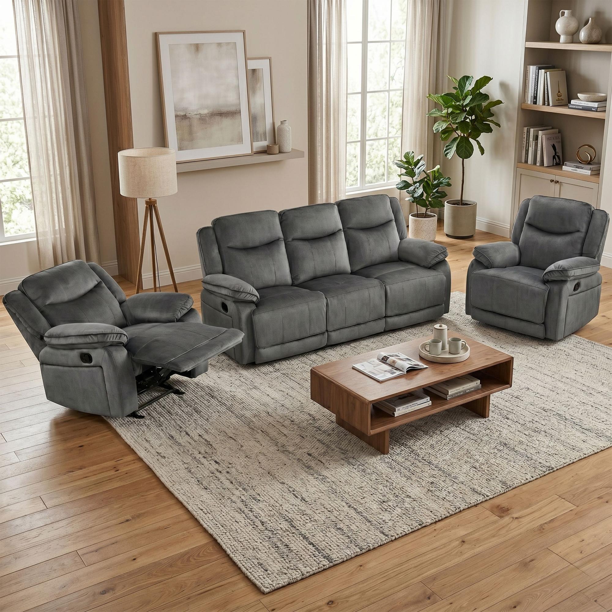 Clayton Recliner Sofa Suite - 3+1+1 Seater - Grey - Fabric