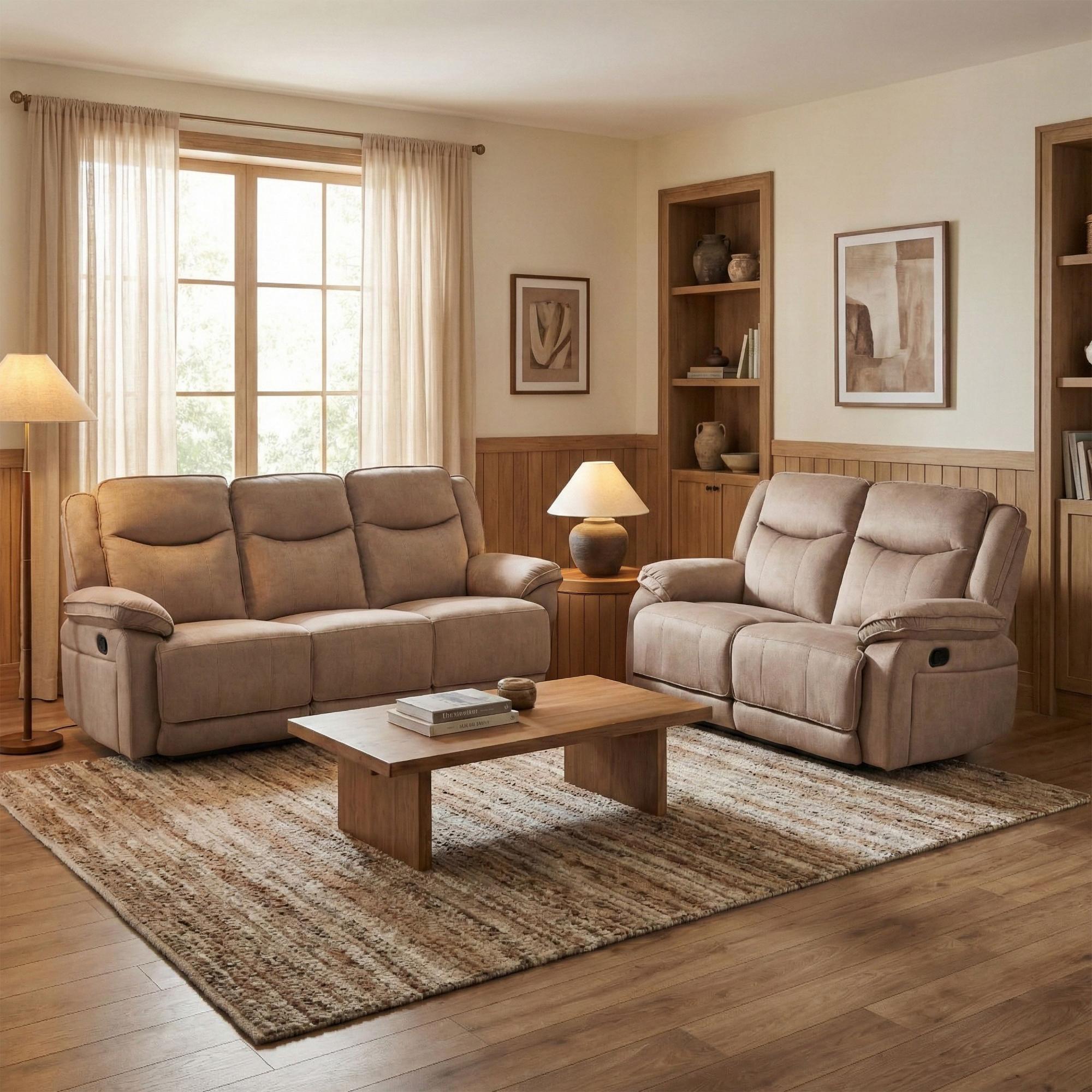 Clayton Recliner Sofa Suite - 3+2 Seater - Light Brown - Fabric