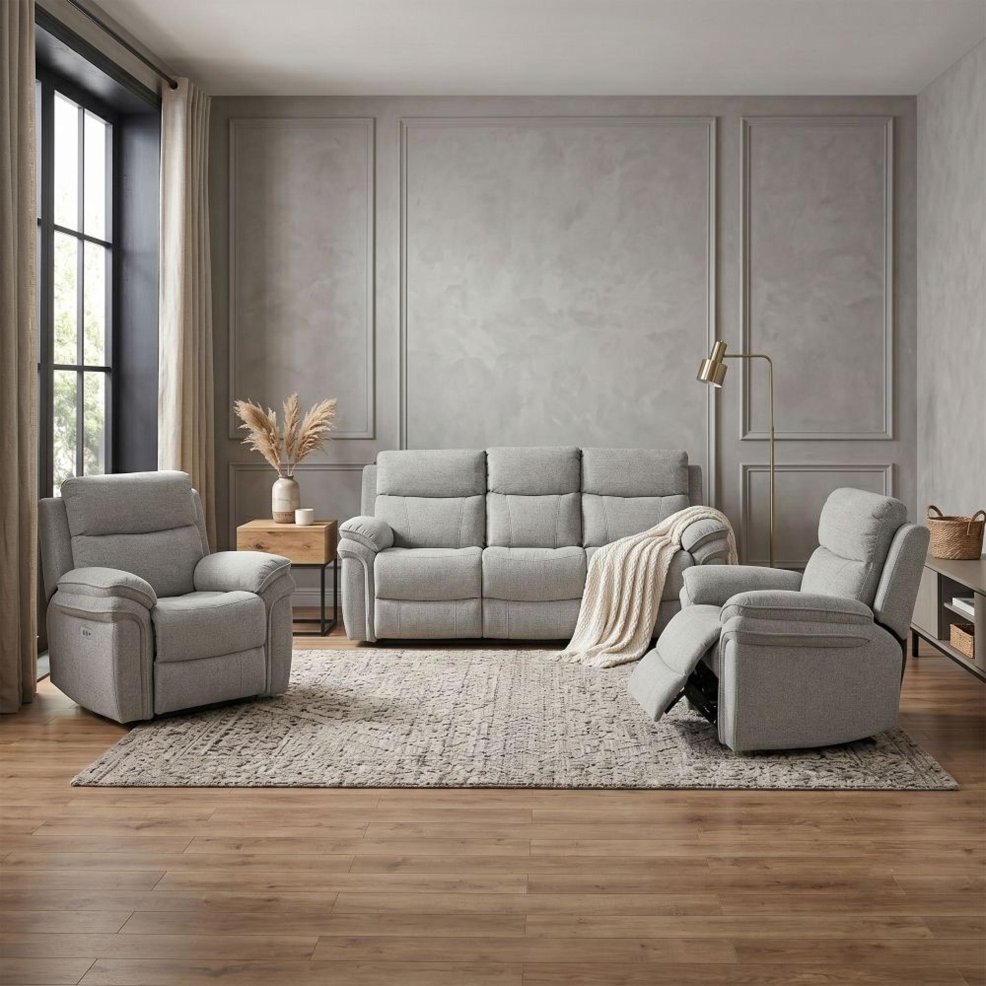 Harrow Electric Recliner Sofa Suite - 3+1+1 Seater - Light Grey - Fabric