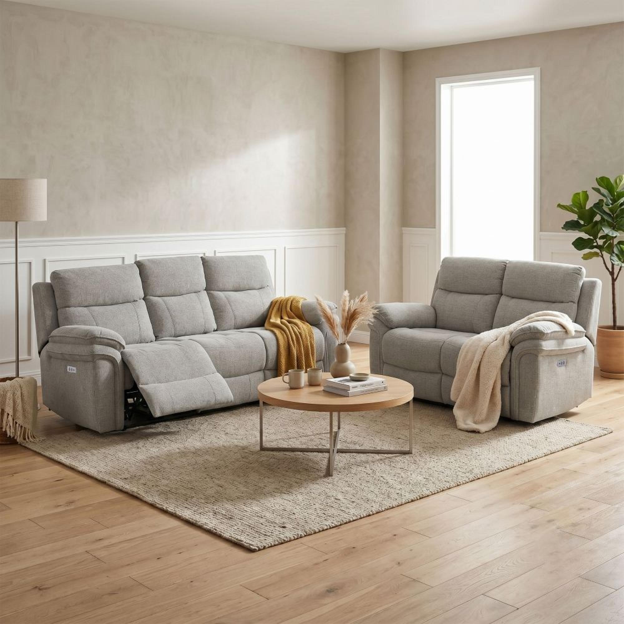 Harrow Electric Recliner Sofa Suite - 3+2 Seater - Light Grey - Fabric