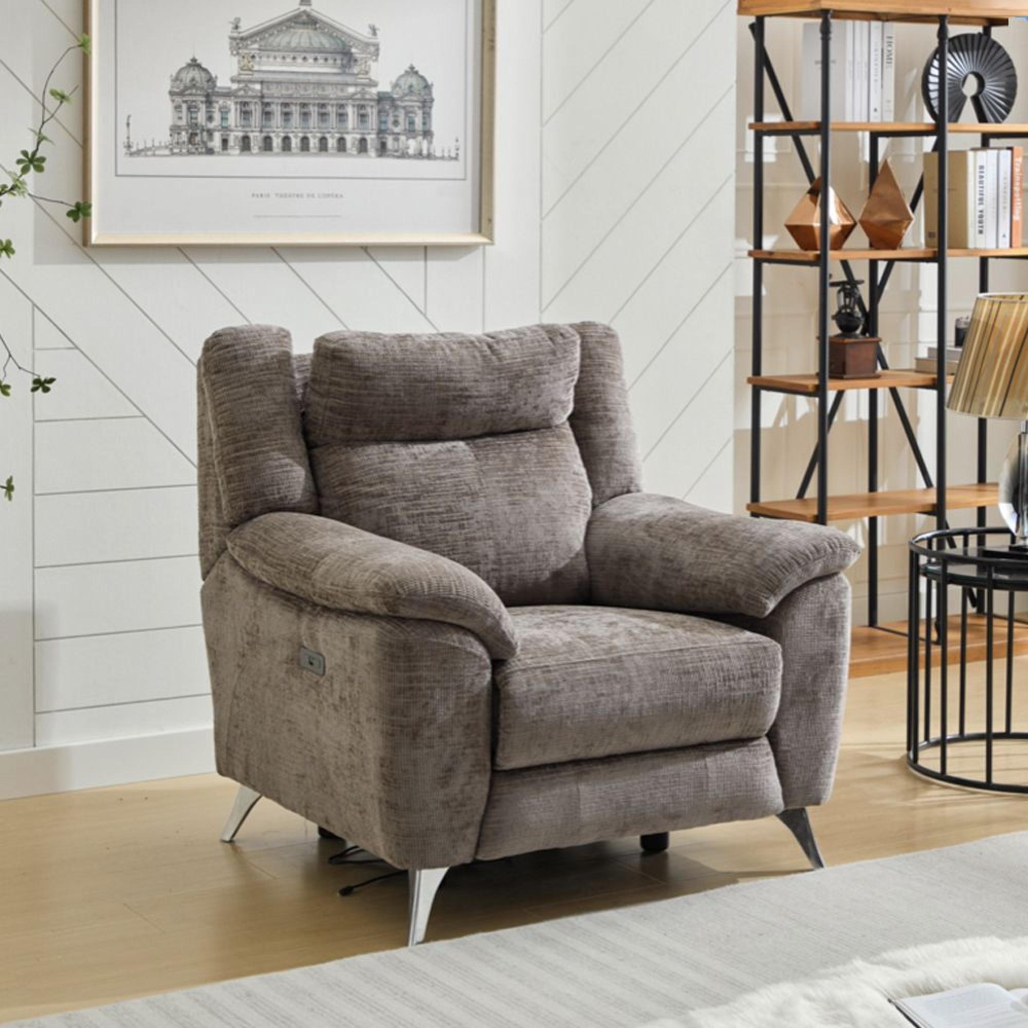 Monroe Electric Recliner Armchair - Adjustable Headrest - Stone - Fabric