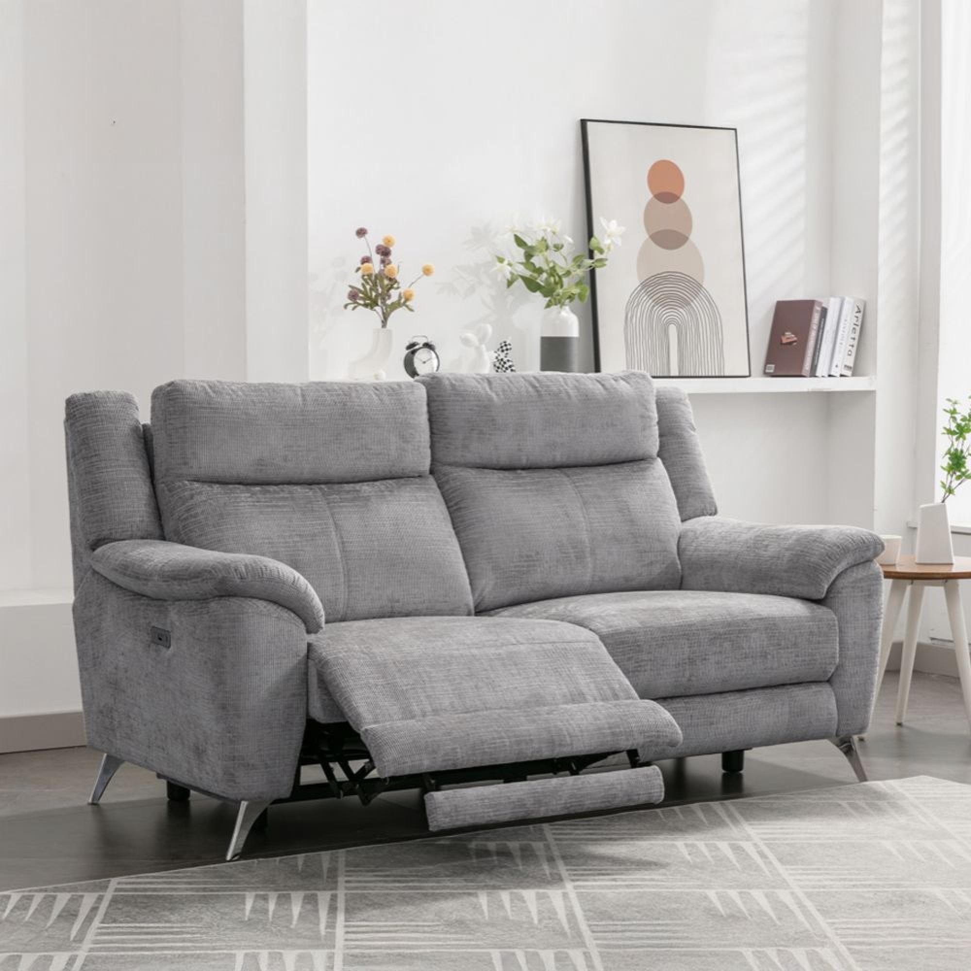 Monroe Electric Recliner Sofa - 3 Seater - Adjustable Headrest - Ash Grey - Fabric