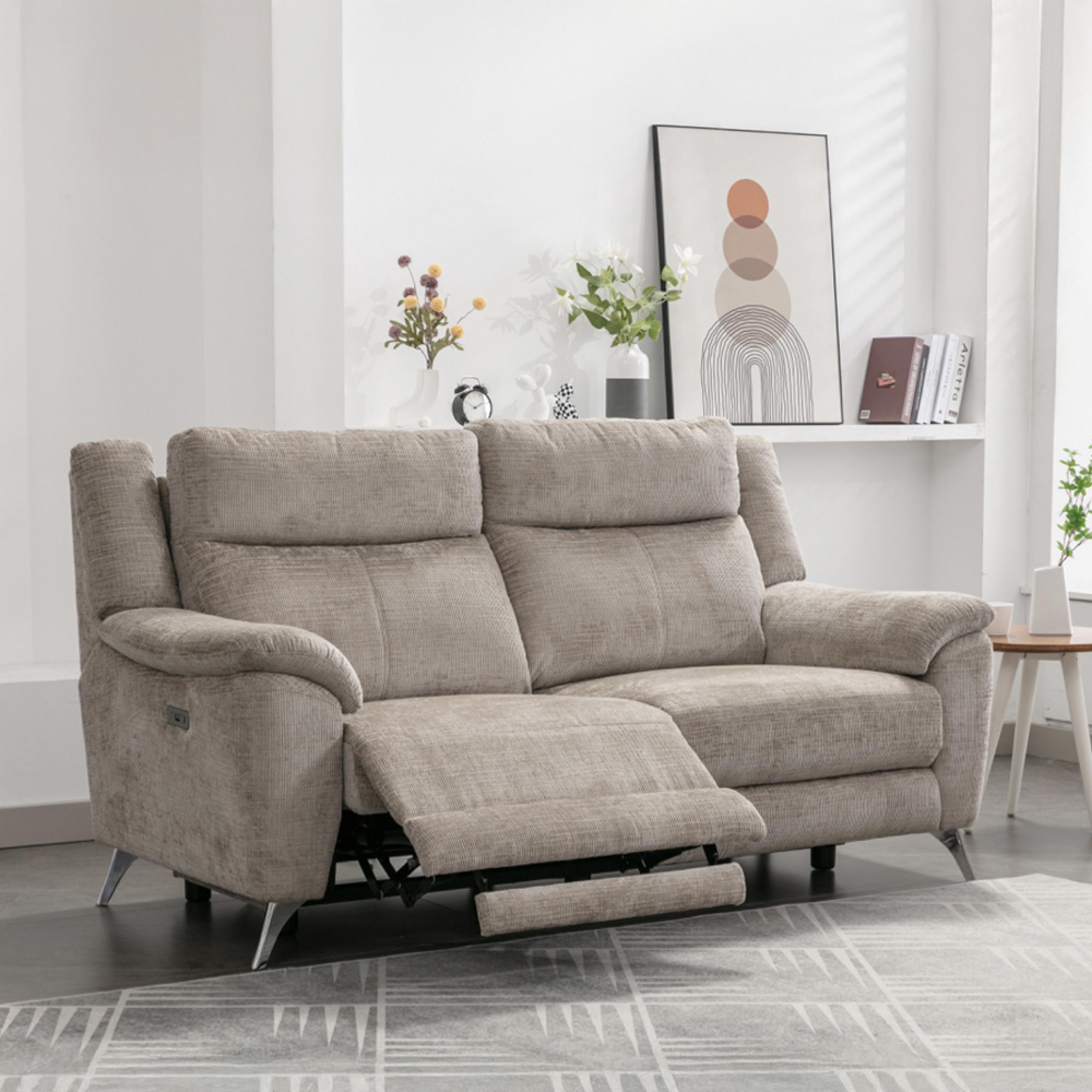 Monroe Electric Recliner Sofa - 3 Seater - Adjustable Headrest - Fossil - Fabric