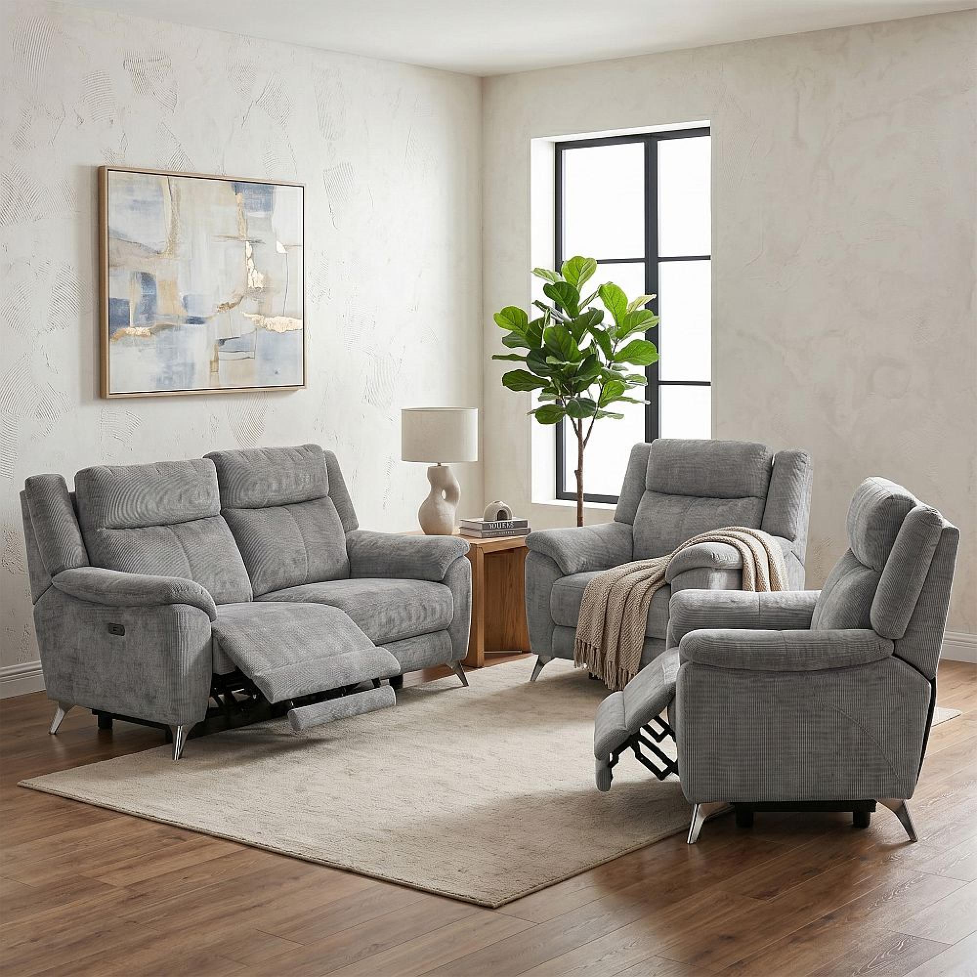 Monroe Electric Recliner Sofa Suite - 3+1+1 Seater - Adjustable Headrest - Ash Grey - Fabric