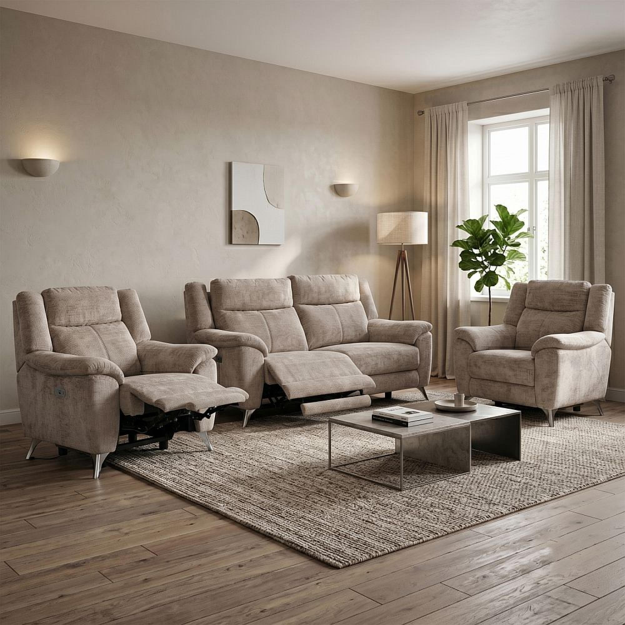 Monroe Electric Recliner Sofa Suite - 3+1+1 Seater - Adjustable Headrest - Fossil - Fabric
