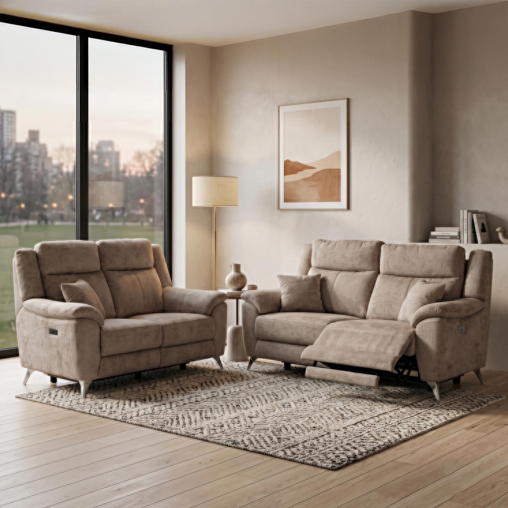 Monroe Electric Recliner Sofa Suite - 3+2 Seater - Adjustable Headrest - Fossil - Fabric