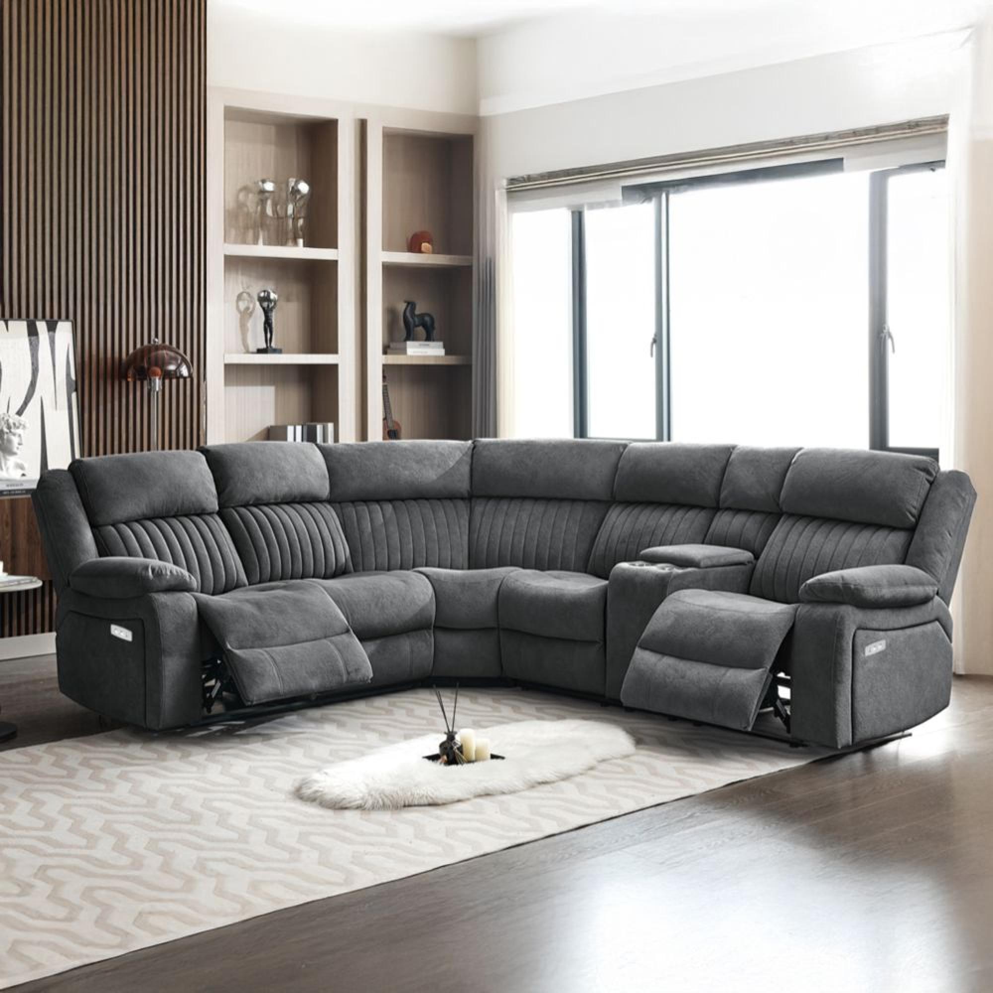 Morgan Electric Recliner Corner Sofa - with Storage Console - Slate Grey - Fabric