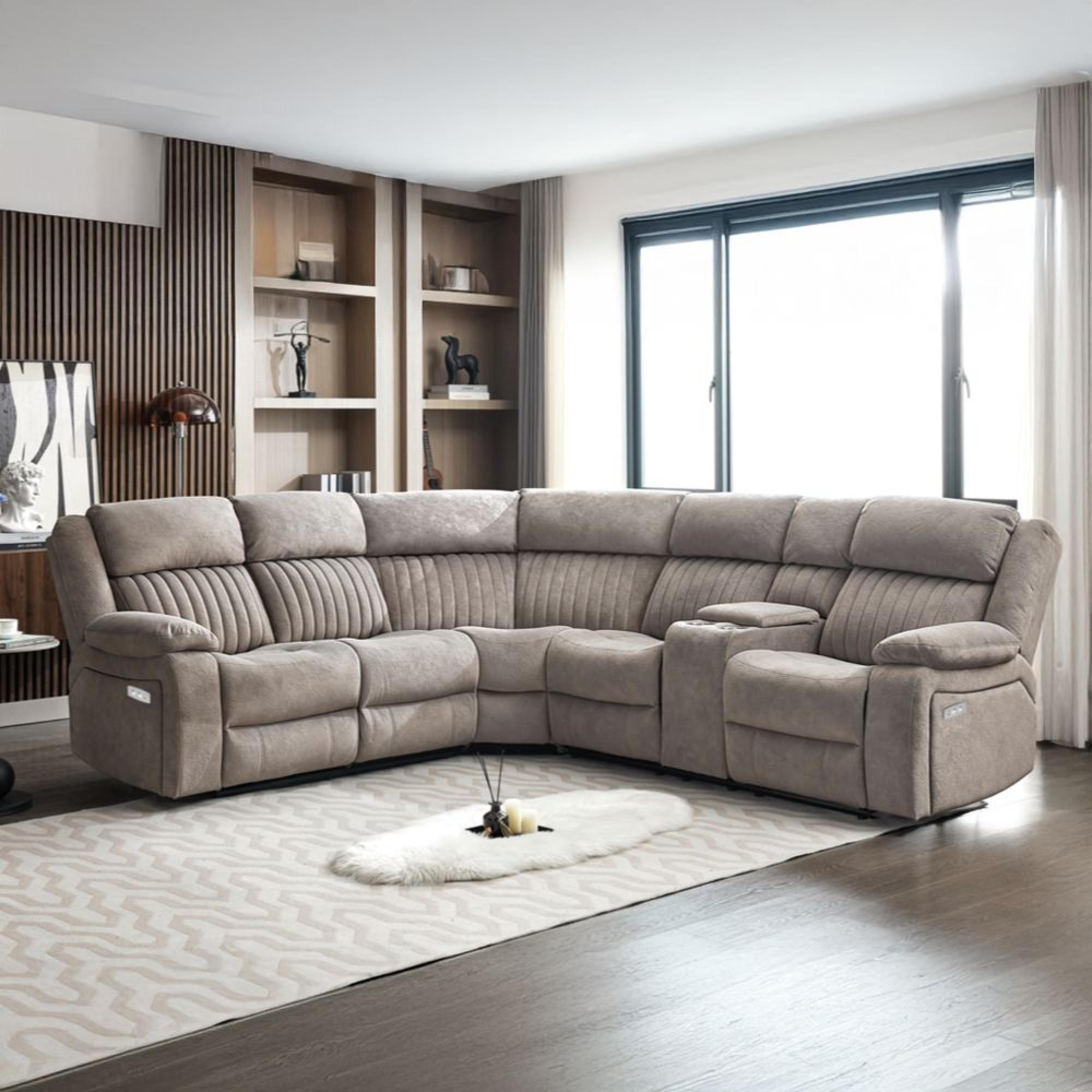 Morgan Electric Recliner Corner Sofa - with Storage Console - Taupe - Fabric