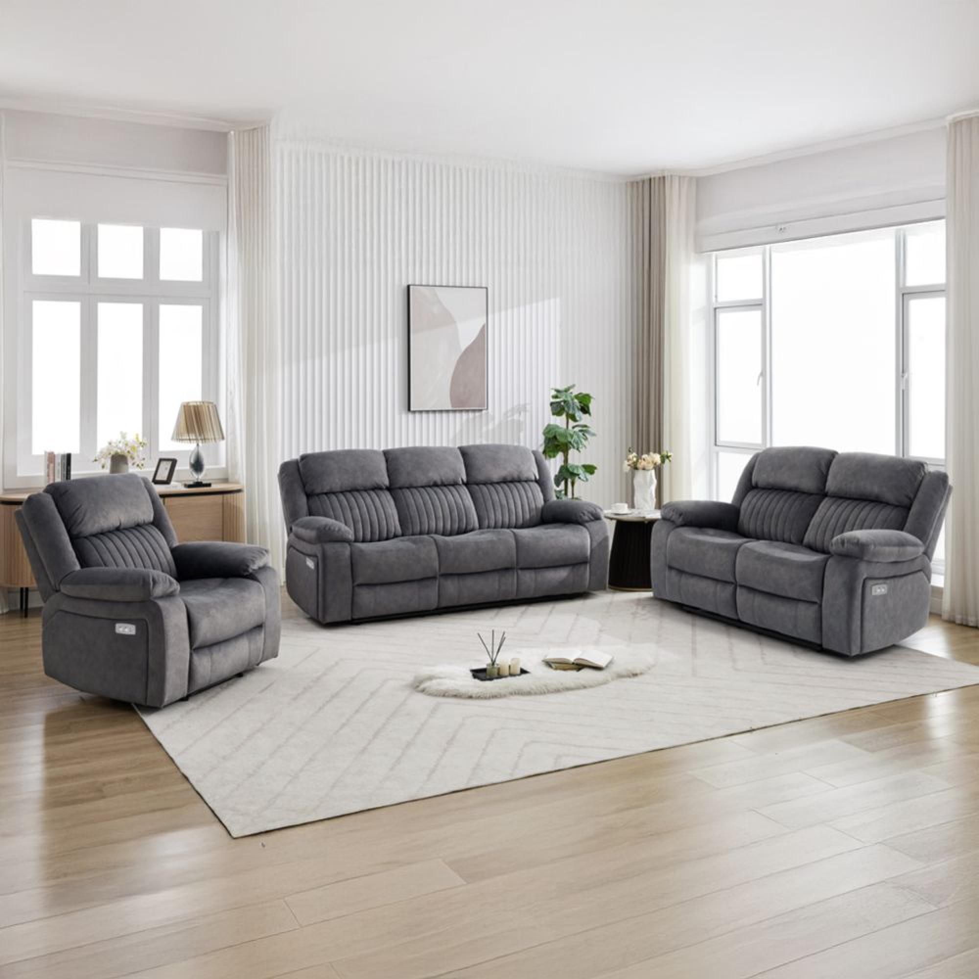 Morgan Electric Recliner Sofa Suite - 3+2+1 Seater - Slate Grey - Fabric
