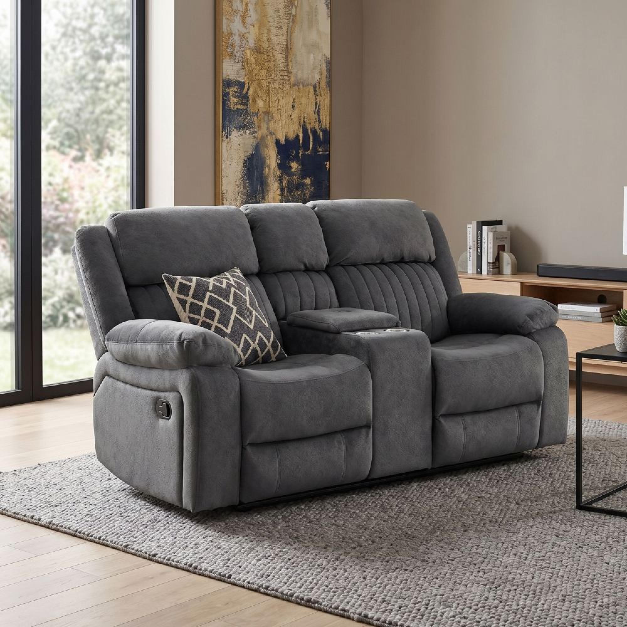Morgan Manual Recliner Sofa - 2 Seater - with Storage Console - Slate Grey - Fabric